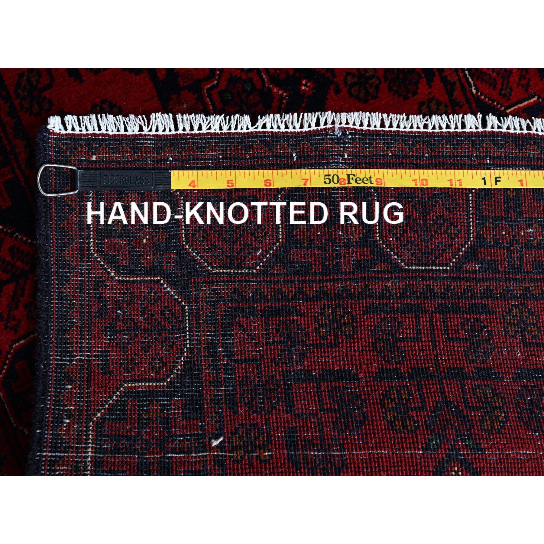 1'8"x5' Vermilion Red, Afghan Khamyab with Geometric Medallions Design, Soft and Velvety Wool, Hand Knotted, Vegetable Dyes, Short & Narrow Runner, Oriental Rug Sh759