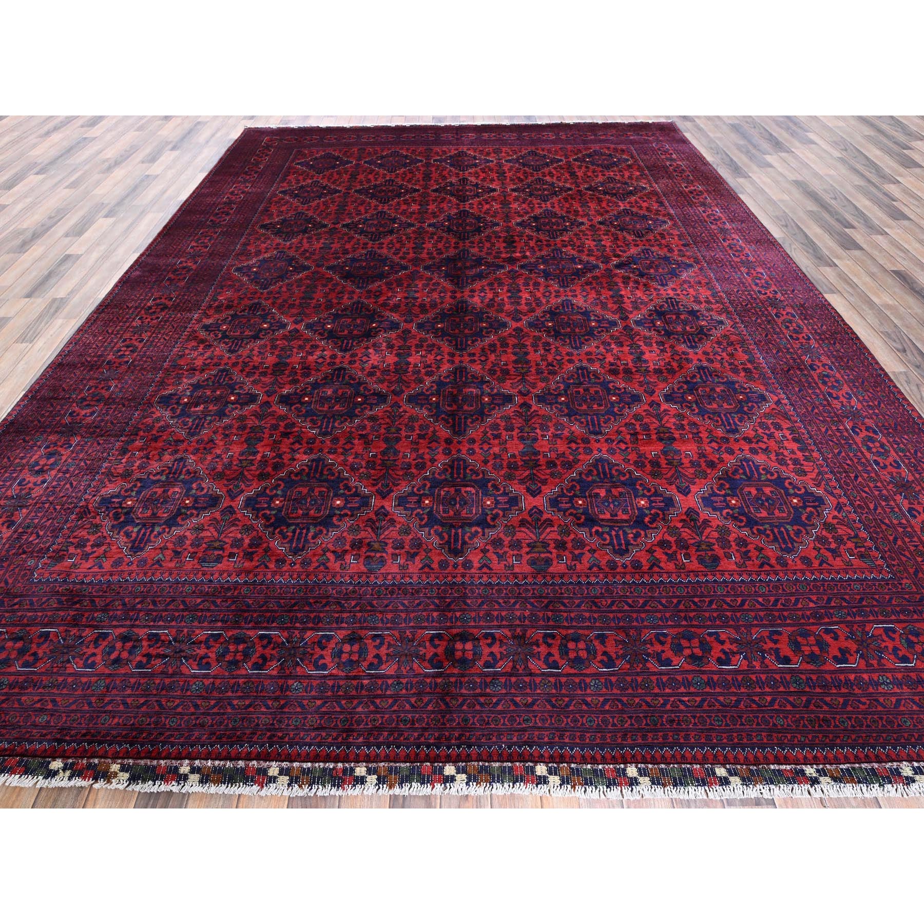9'8"x12'9" Scarlet Red, Afghan Khamyab with Geometric Pattern, Hand Knotted, Soft and Shiny Wool, Natural Dyes, Oriental Rug Sh762