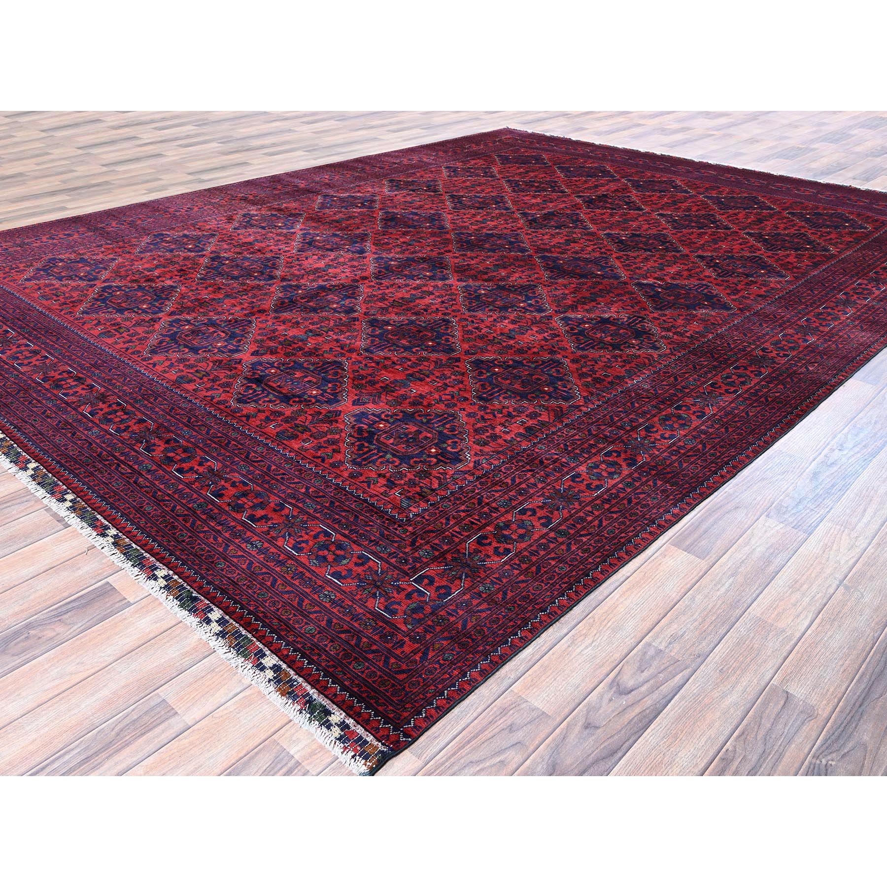 9'8"x12'9" Scarlet Red, Afghan Khamyab with Geometric Pattern, Hand Knotted, Soft and Shiny Wool, Natural Dyes, Oriental Rug Sh762