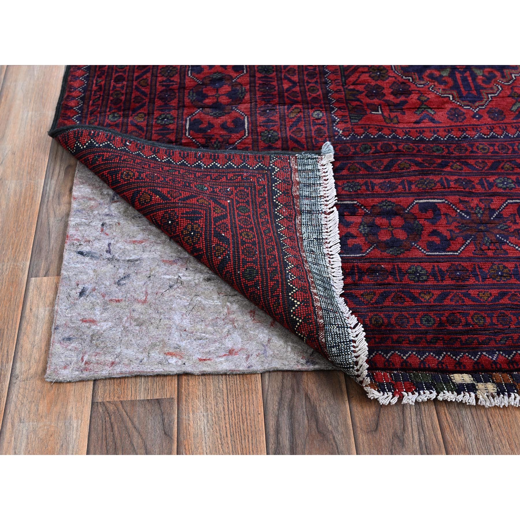 9'8"x12'9" Scarlet Red, Afghan Khamyab with Geometric Pattern, Hand Knotted, Soft and Shiny Wool, Natural Dyes, Oriental Rug Sh762