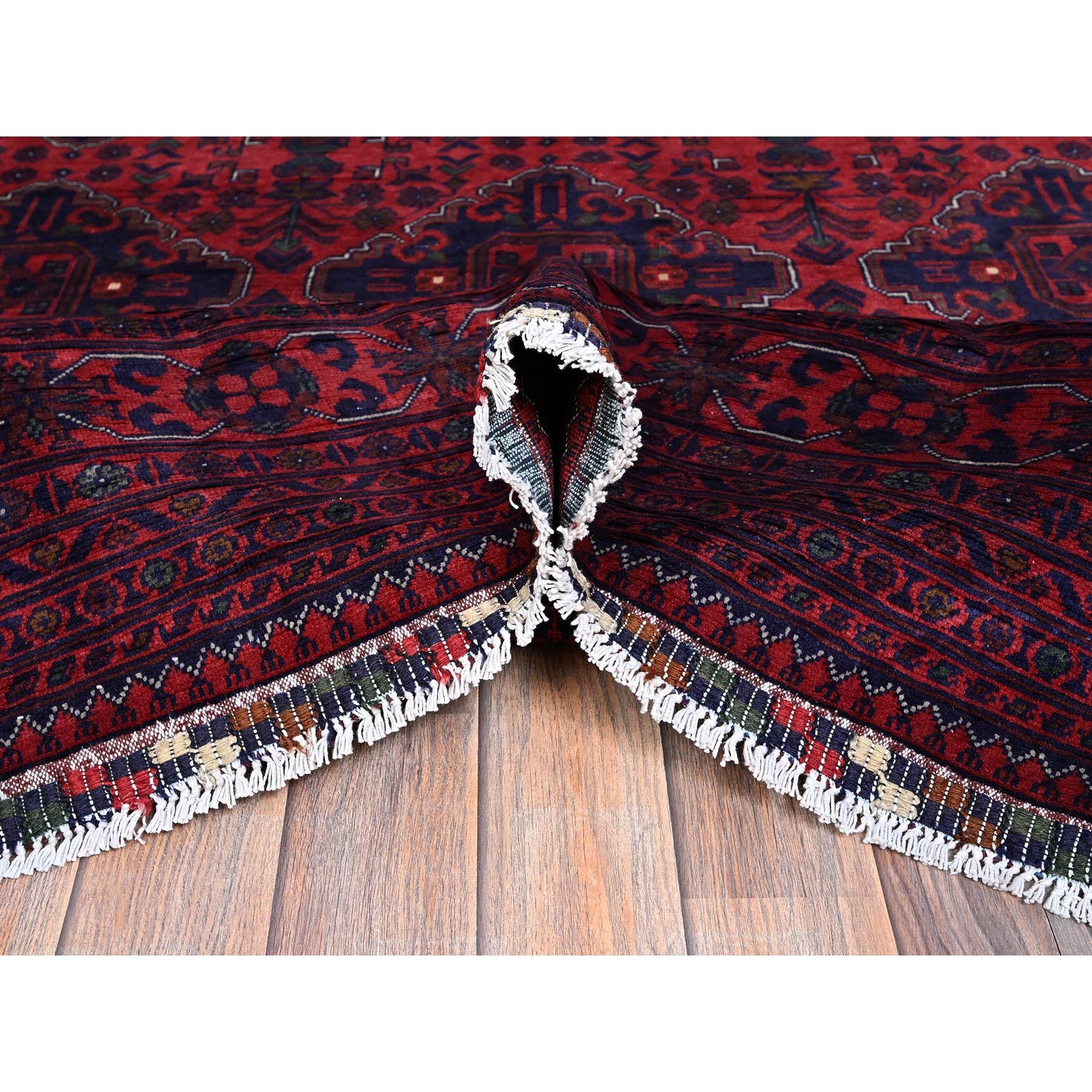 9'8"x12'9" Scarlet Red, Afghan Khamyab with Geometric Pattern, Hand Knotted, Soft and Shiny Wool, Natural Dyes, Oriental Rug Sh762