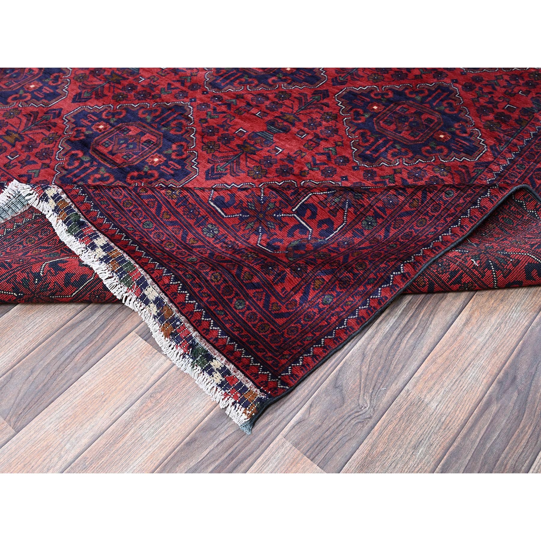 9'8"x12'9" Scarlet Red, Afghan Khamyab with Geometric Pattern, Hand Knotted, Soft and Shiny Wool, Natural Dyes, Oriental Rug Sh762