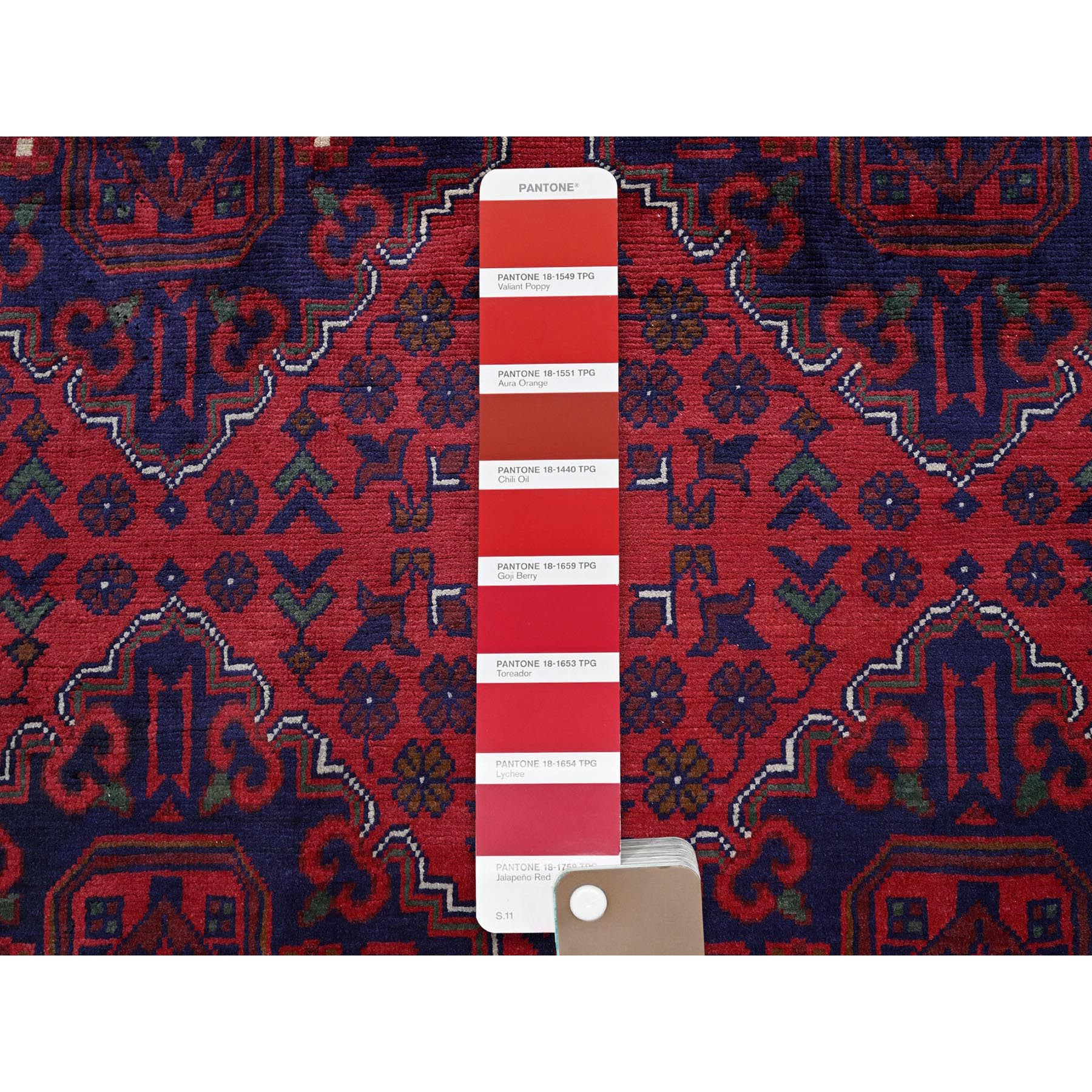 9'8"x12'9" Scarlet Red, Afghan Khamyab with Geometric Pattern, Hand Knotted, Soft and Shiny Wool, Natural Dyes, Oriental Rug Sh762