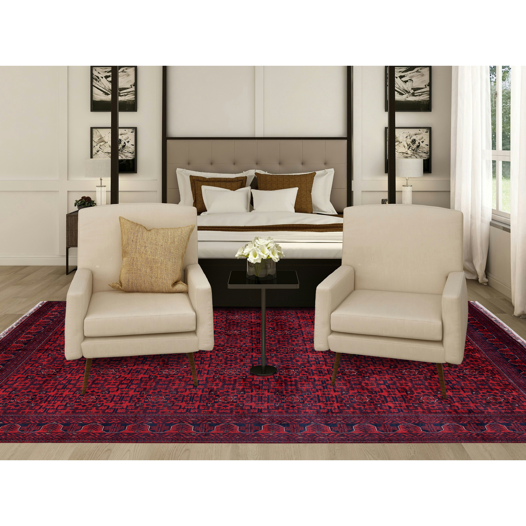 9'9"x13'3" Crimson Red, Afghan Khamyab with Tribal Motifs Pattern, Soft and Velvety Wool, Hand Knotted, Vegetable Dyes, Oriental Rug Sh763