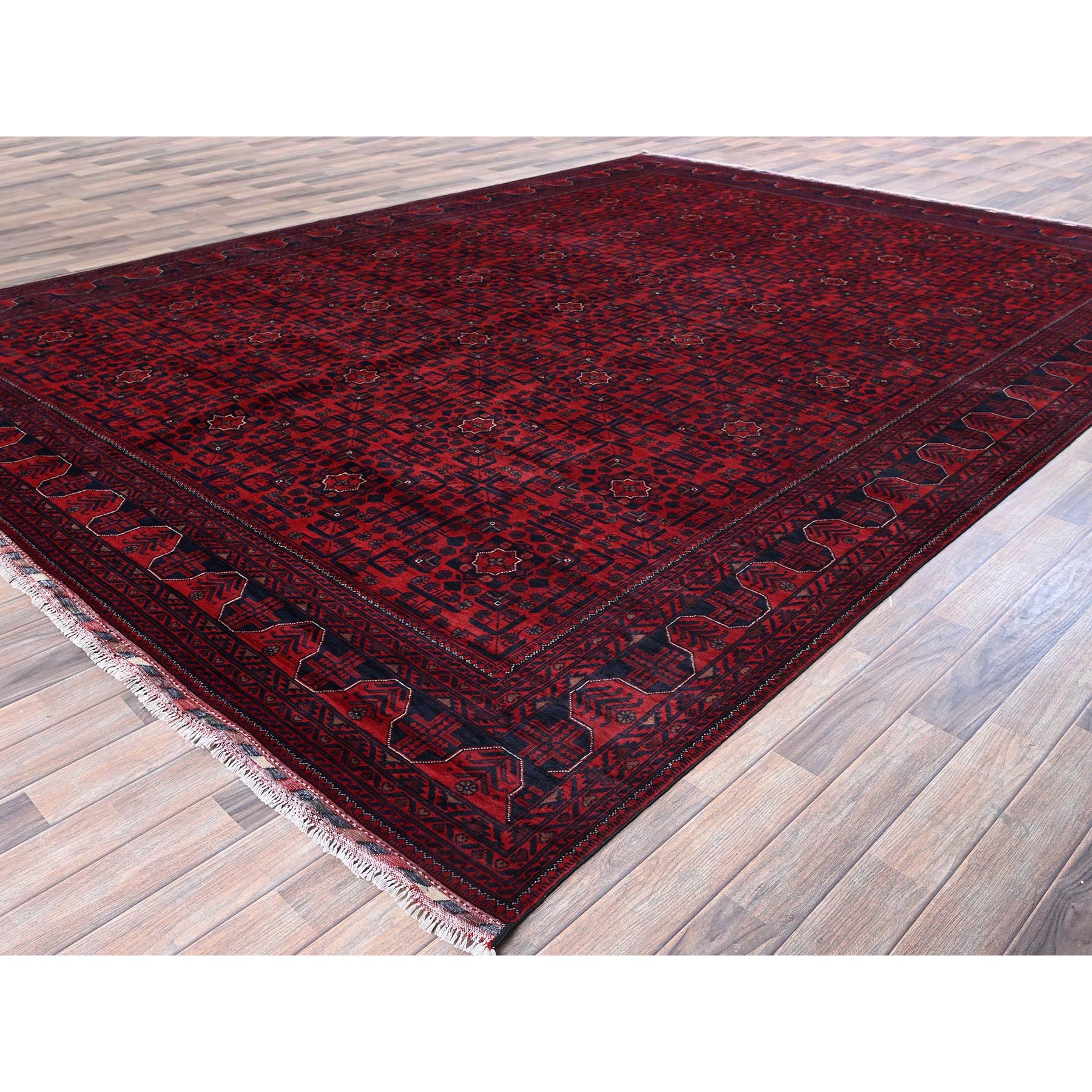 9'9"x13'3" Crimson Red, Afghan Khamyab with Tribal Motifs Pattern, Soft and Velvety Wool, Hand Knotted, Vegetable Dyes, Oriental Rug Sh763