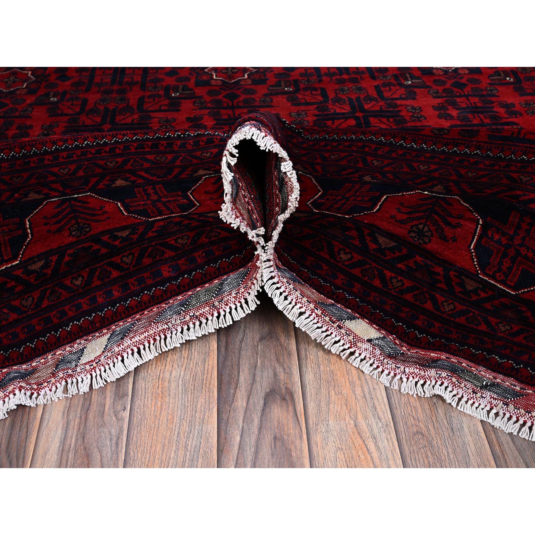 9'9"x13'3" Crimson Red, Afghan Khamyab with Tribal Motifs Pattern, Soft and Velvety Wool, Hand Knotted, Vegetable Dyes, Oriental Rug Sh763