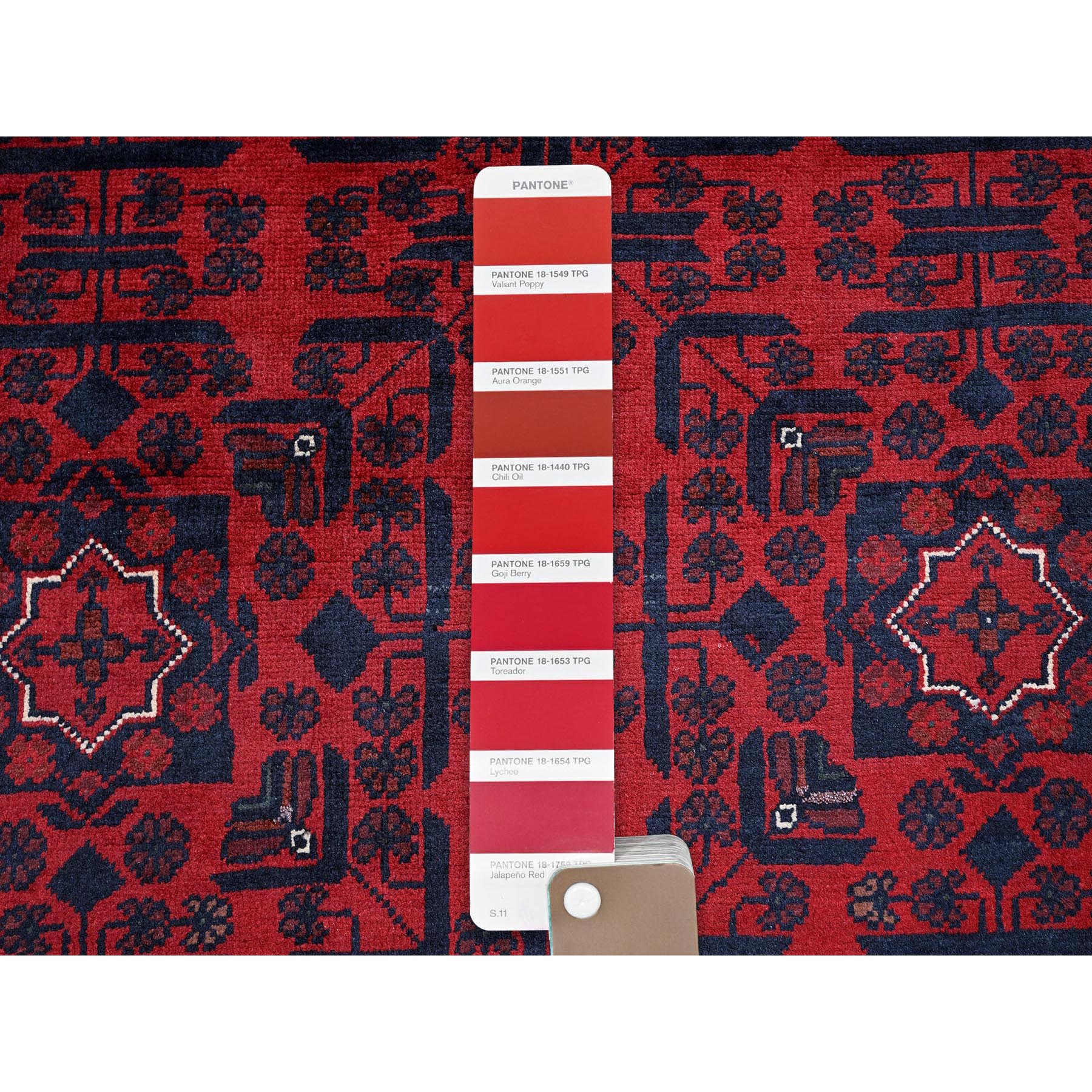 9'9"x13'3" Crimson Red, Afghan Khamyab with Tribal Motifs Pattern, Soft and Velvety Wool, Hand Knotted, Vegetable Dyes, Oriental Rug Sh763