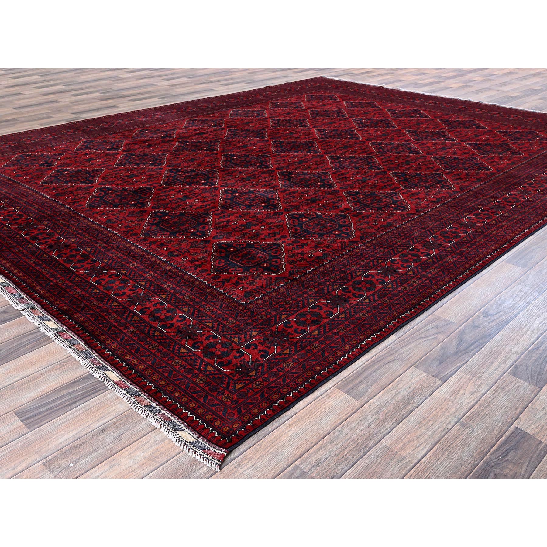9'10"x12'8" Chili Red, Afghan Khamyab with Geometric Design, Hand Knotted, Soft Wool, Natural Dyes, Oriental Rug Sh764