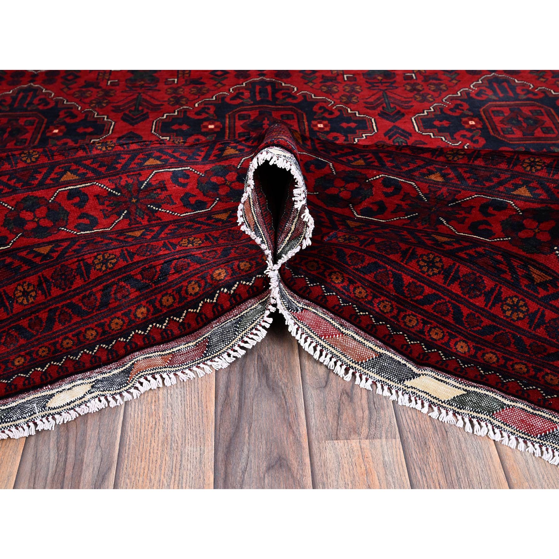 9'10"x12'8" Chili Red, Afghan Khamyab with Geometric Design, Hand Knotted, Soft Wool, Natural Dyes, Oriental Rug Sh764