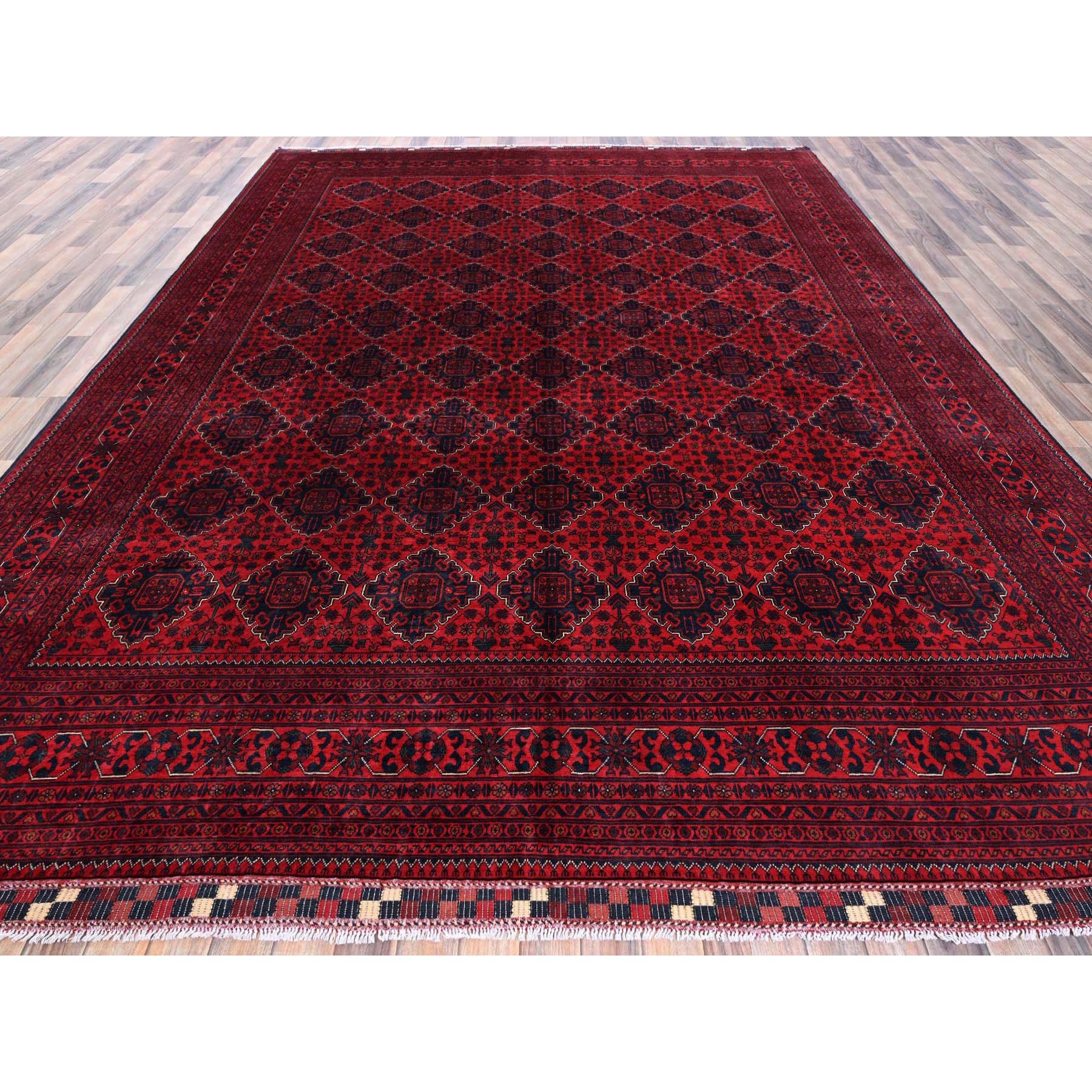 9'10"x12'9" Scarlet Red, Afghan Khamyab with Geometric Pattern, Hand Knotted, Soft and Velvety Wool, Vegetable Dyes, Oriental Rug Sh765