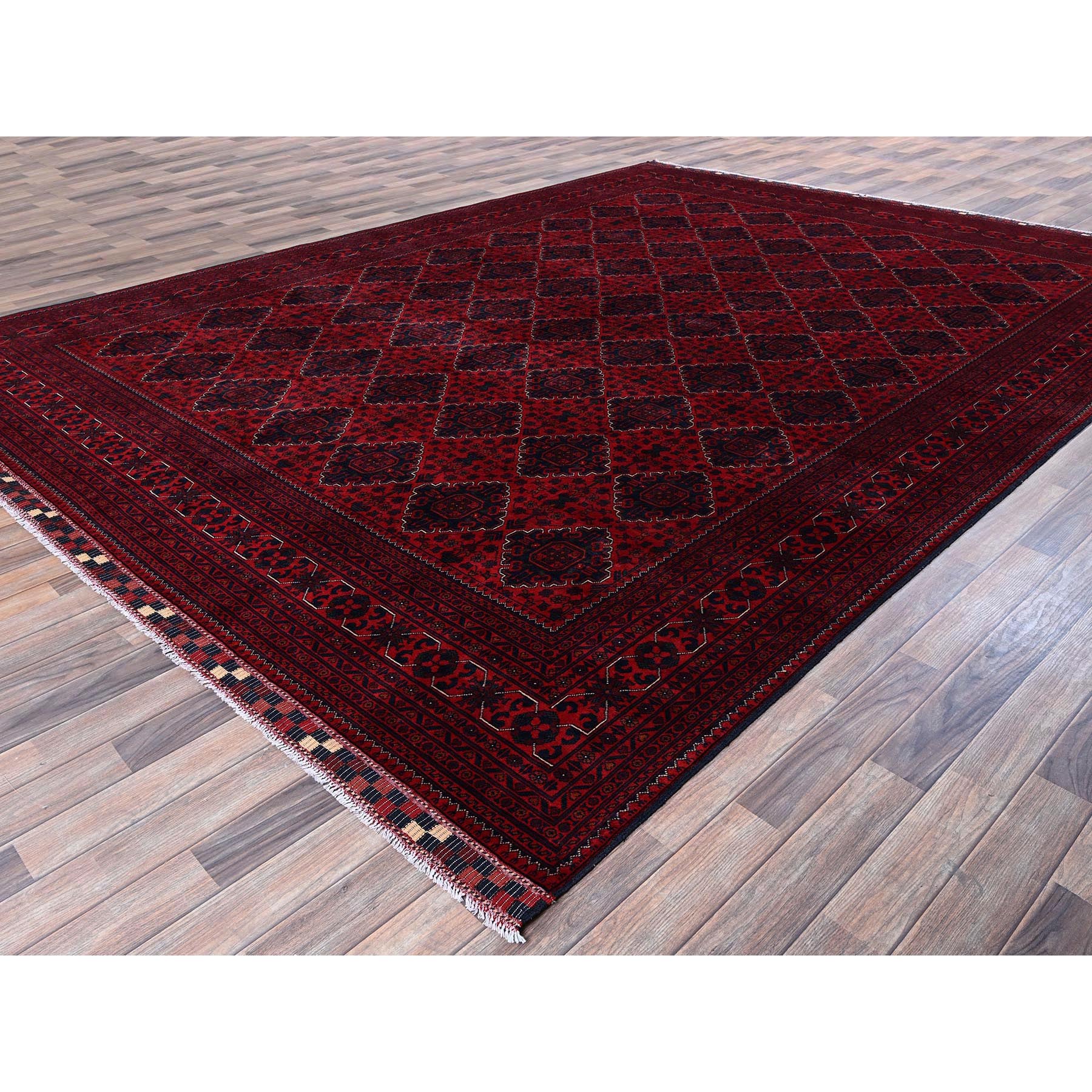 9'10"x12'9" Scarlet Red, Afghan Khamyab with Geometric Pattern, Hand Knotted, Soft and Velvety Wool, Vegetable Dyes, Oriental Rug Sh765