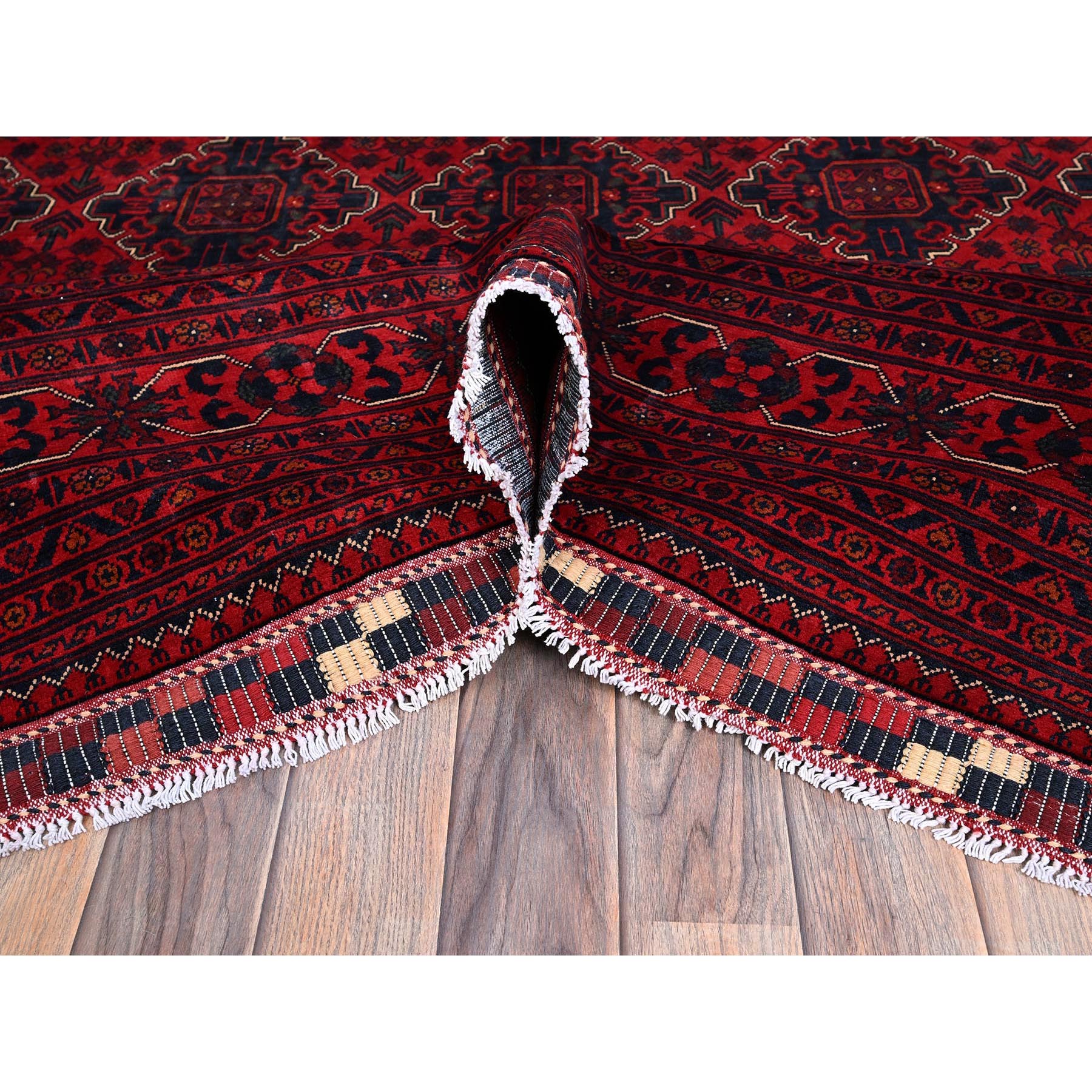 9'10"x12'9" Scarlet Red, Afghan Khamyab with Geometric Pattern, Hand Knotted, Soft and Velvety Wool, Vegetable Dyes, Oriental Rug Sh765