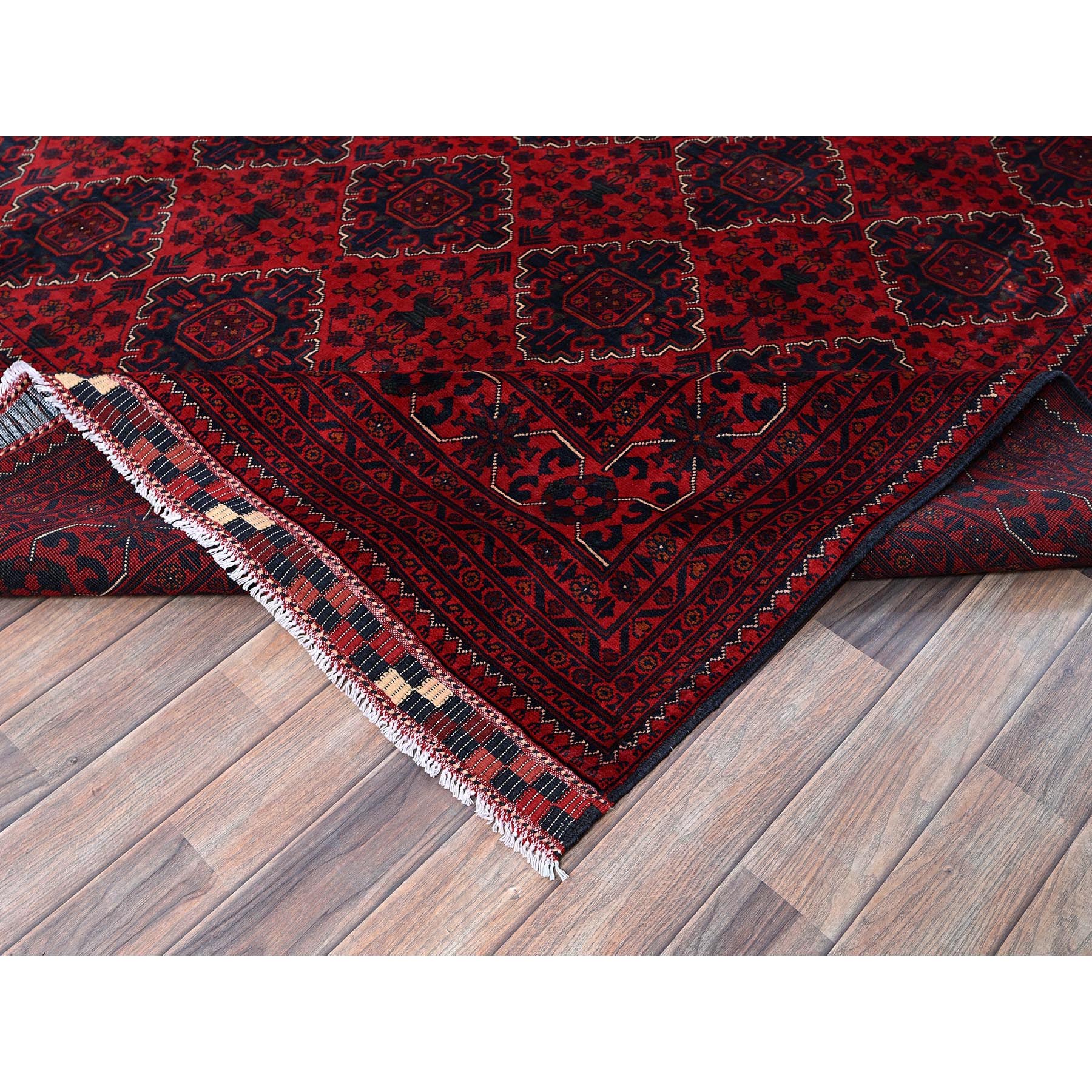 9'10"x12'9" Scarlet Red, Afghan Khamyab with Geometric Pattern, Hand Knotted, Soft and Velvety Wool, Vegetable Dyes, Oriental Rug Sh765