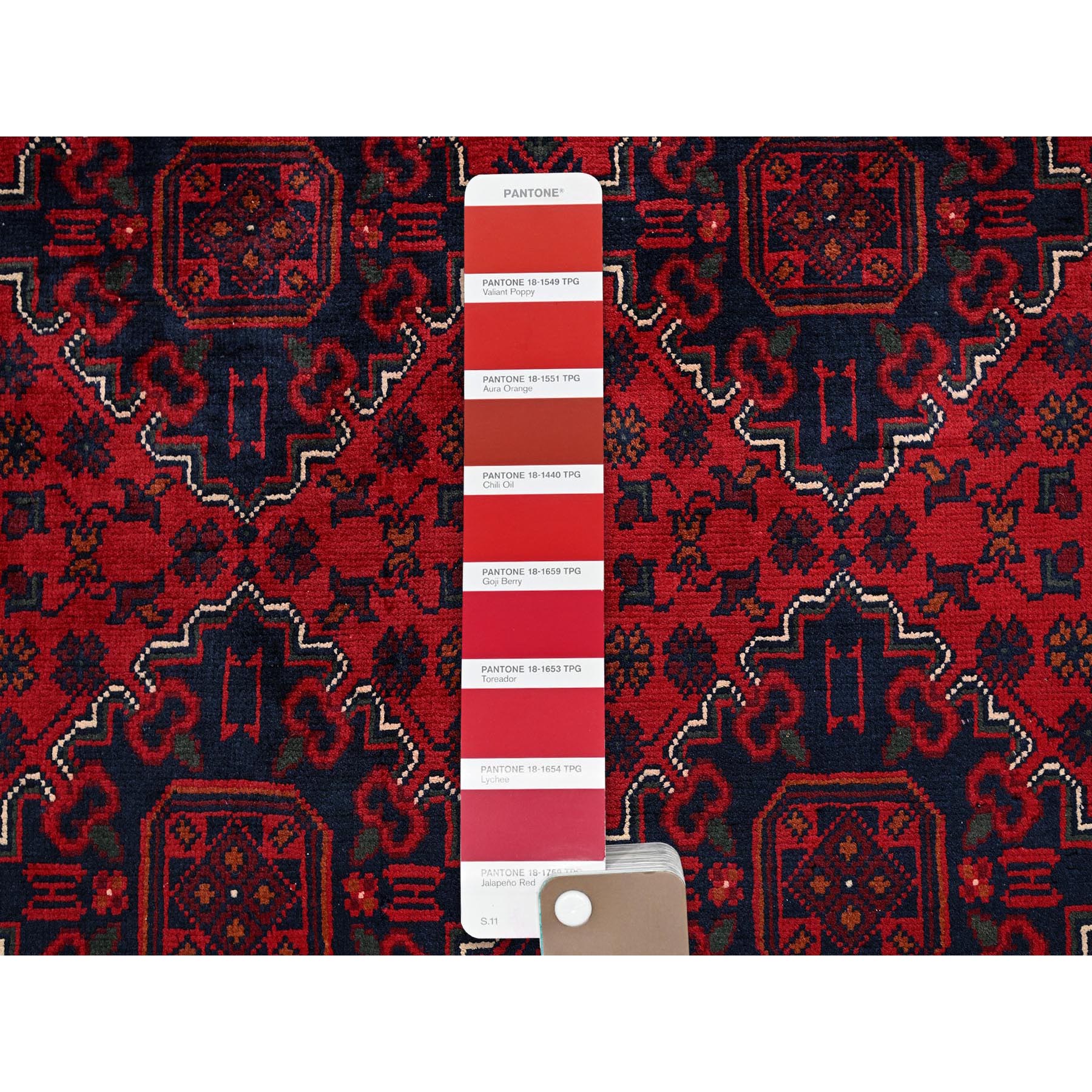 9'10"x12'9" Scarlet Red, Afghan Khamyab with Geometric Pattern, Hand Knotted, Soft and Velvety Wool, Vegetable Dyes, Oriental Rug Sh765
