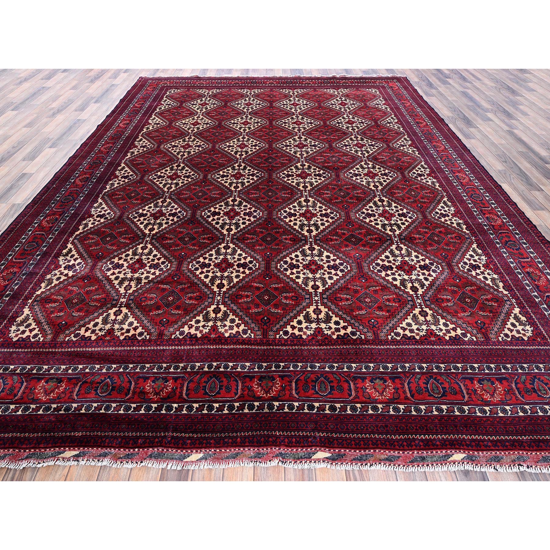 9'10"x13' Scarlet Red, Afghan Khamyab with Geometric Design, Hand Knotted, Soft and Velvety Wool, Vegetable Dyes, Oriental Rug Sh766