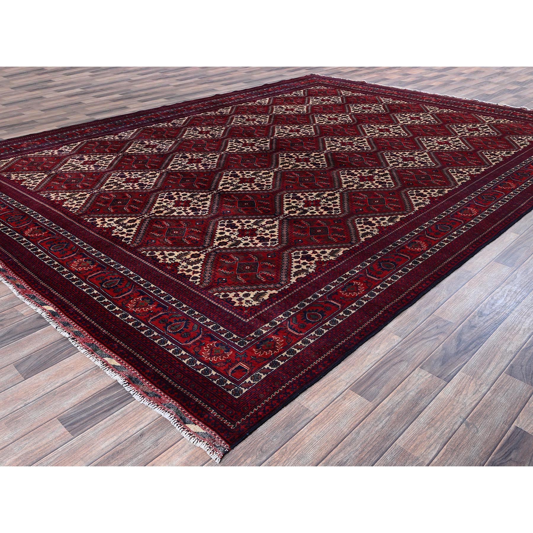 9'10"x13' Scarlet Red, Afghan Khamyab with Geometric Design, Hand Knotted, Soft and Velvety Wool, Vegetable Dyes, Oriental Rug Sh766