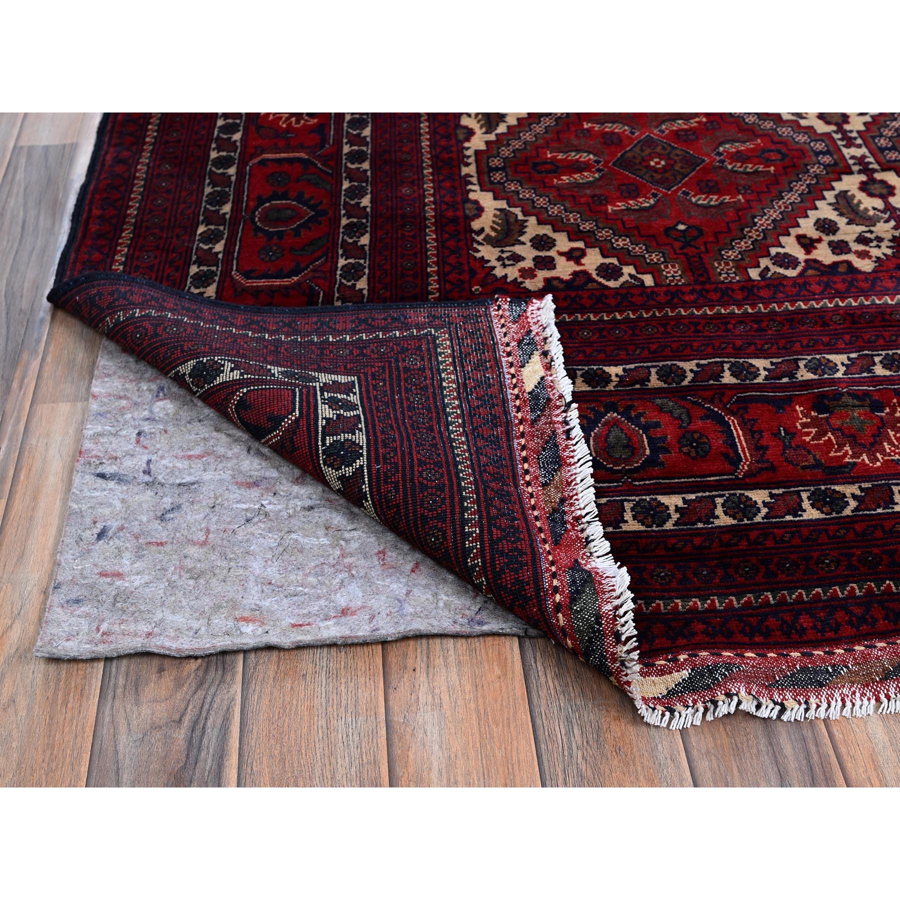9'10"x13' Scarlet Red, Afghan Khamyab with Geometric Design, Hand Knotted, Soft and Velvety Wool, Vegetable Dyes, Oriental Rug Sh766