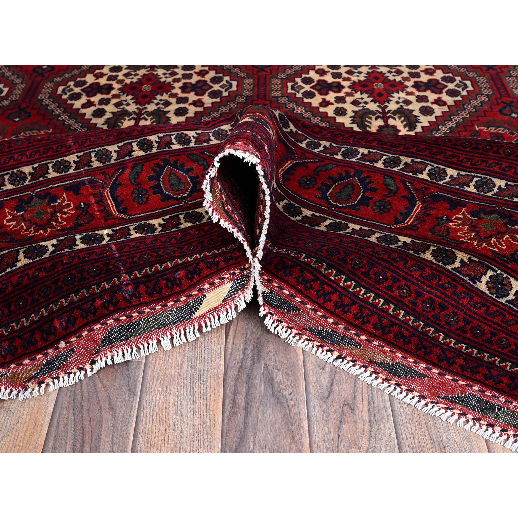 9'10"x13' Scarlet Red, Afghan Khamyab with Geometric Design, Hand Knotted, Soft and Velvety Wool, Vegetable Dyes, Oriental Rug Sh766