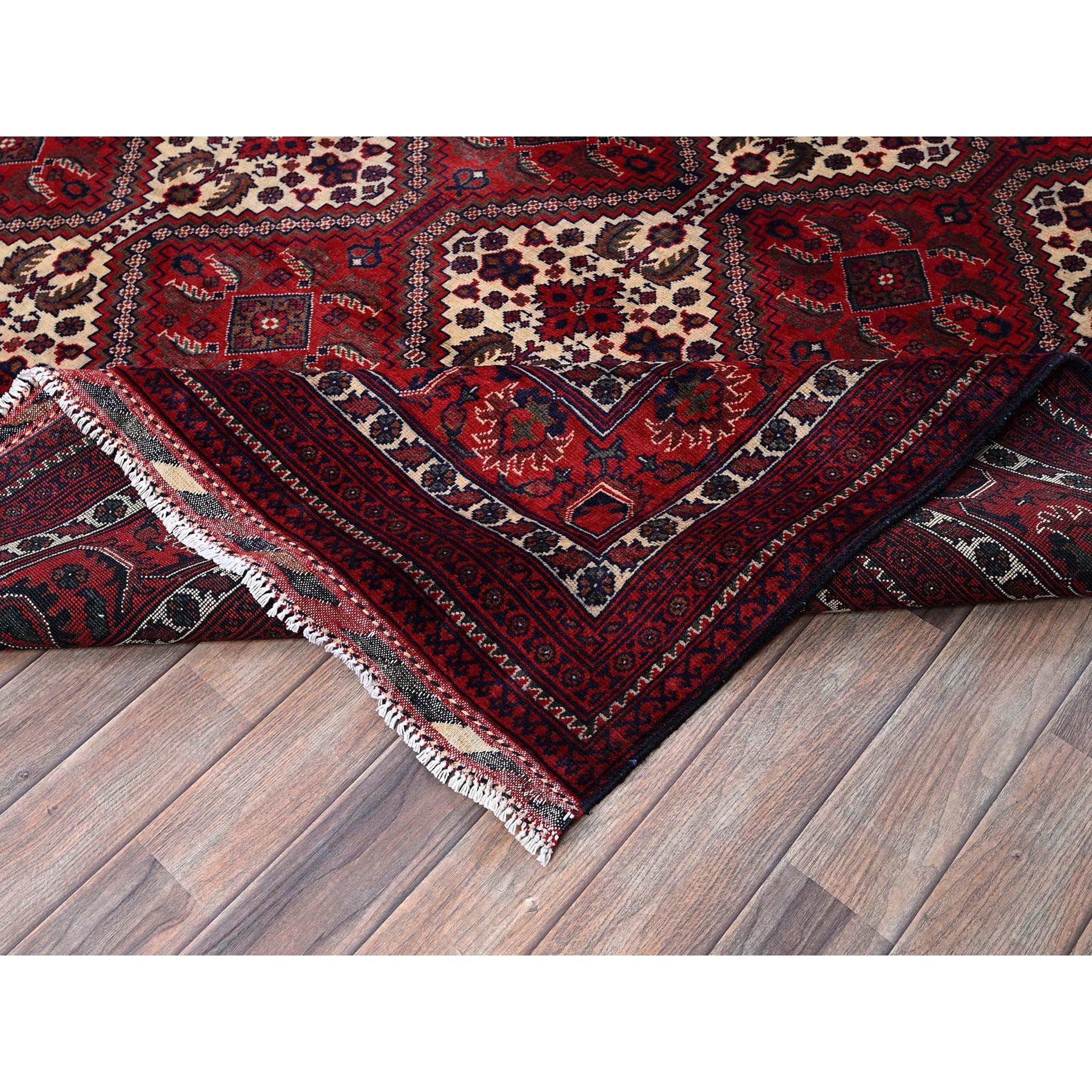 9'10"x13' Scarlet Red, Afghan Khamyab with Geometric Design, Hand Knotted, Soft and Velvety Wool, Vegetable Dyes, Oriental Rug Sh766