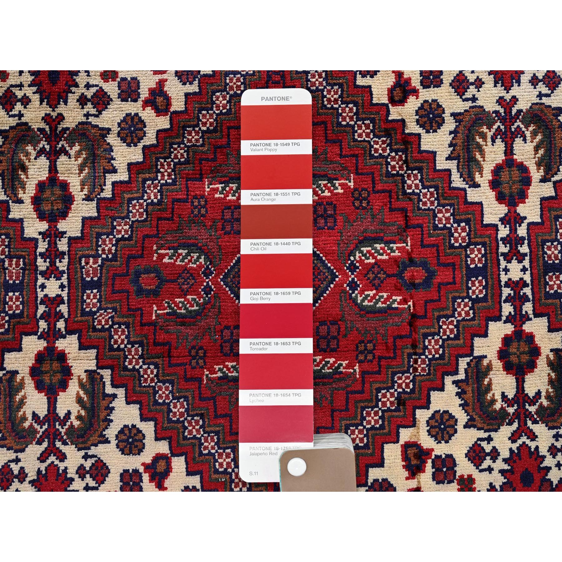 9'10"x13' Scarlet Red, Afghan Khamyab with Geometric Design, Hand Knotted, Soft and Velvety Wool, Vegetable Dyes, Oriental Rug Sh766