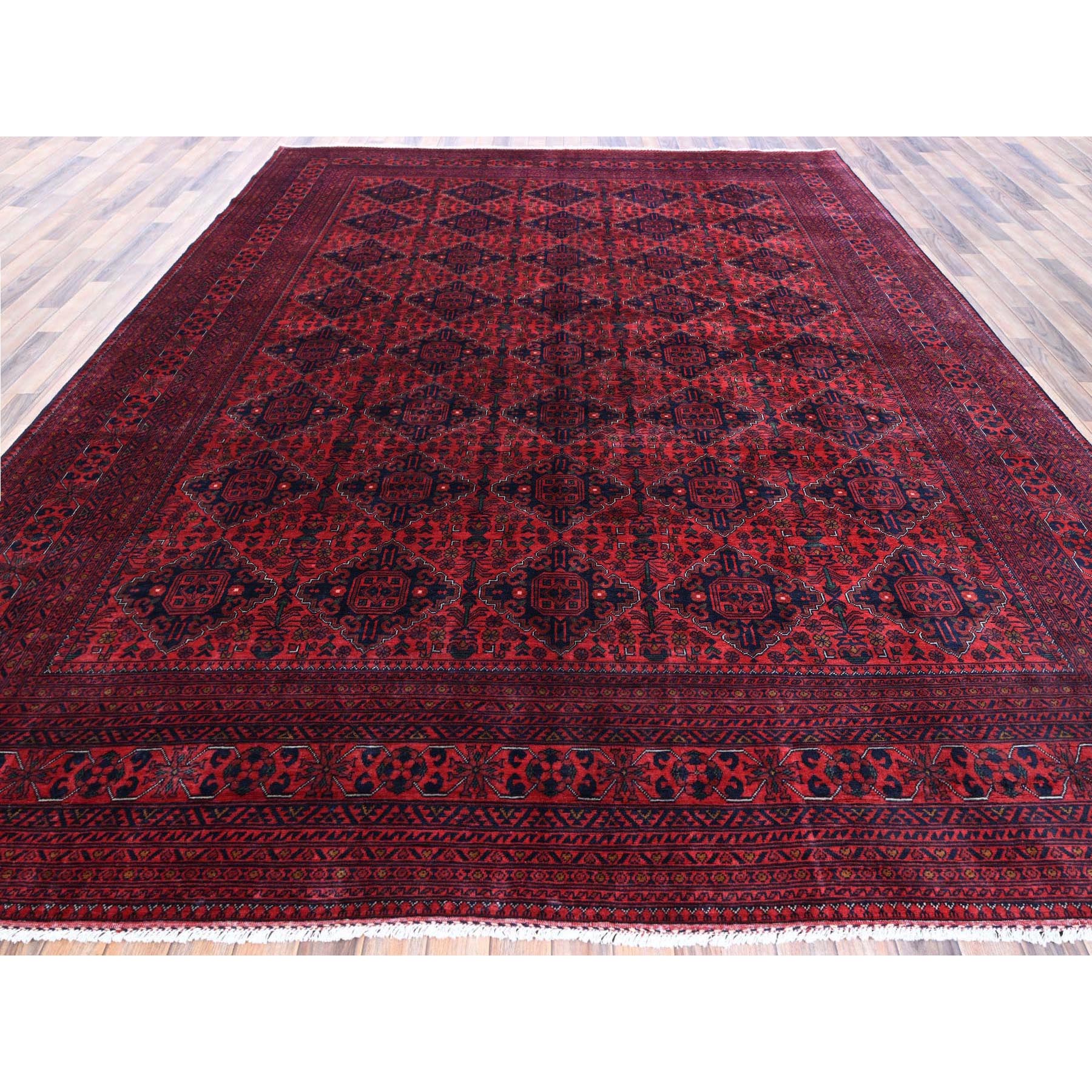 9'10"x12'10" Chili Red, Afghan Khamyab with Geometric Pattern, Hand Knotted, Soft and Velvety Wool, Vegetable Dyes, Oriental Rug Sh767