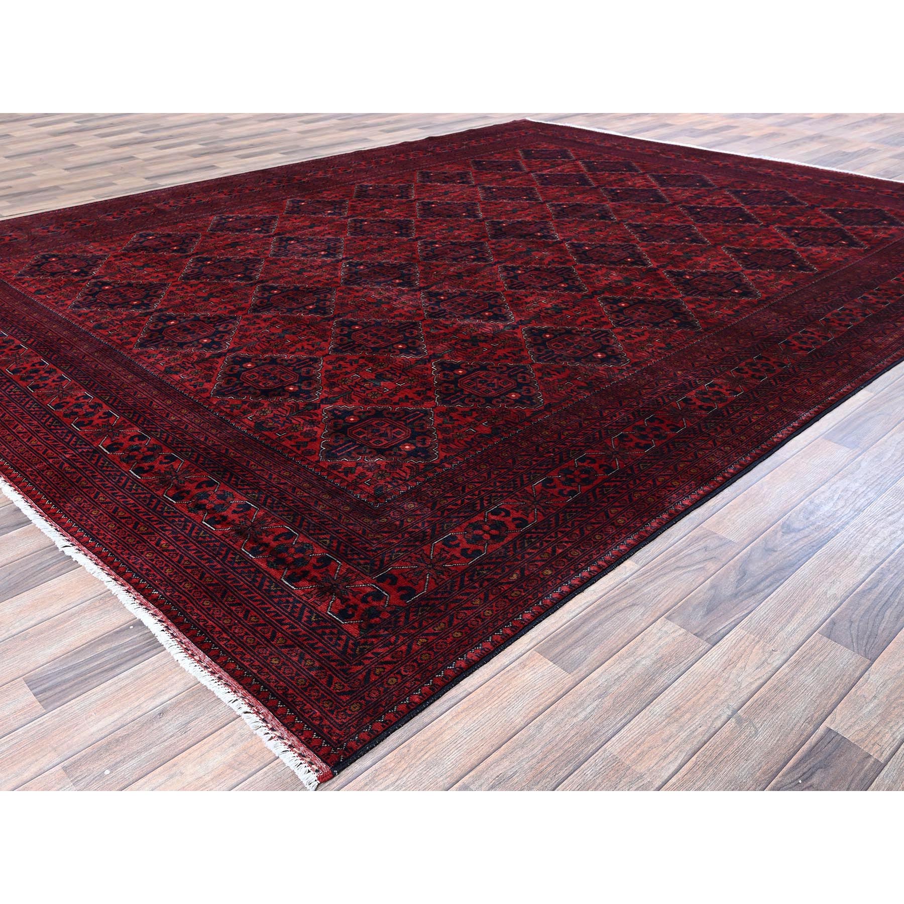 9'10"x12'10" Chili Red, Afghan Khamyab with Geometric Pattern, Hand Knotted, Soft and Velvety Wool, Vegetable Dyes, Oriental Rug Sh767