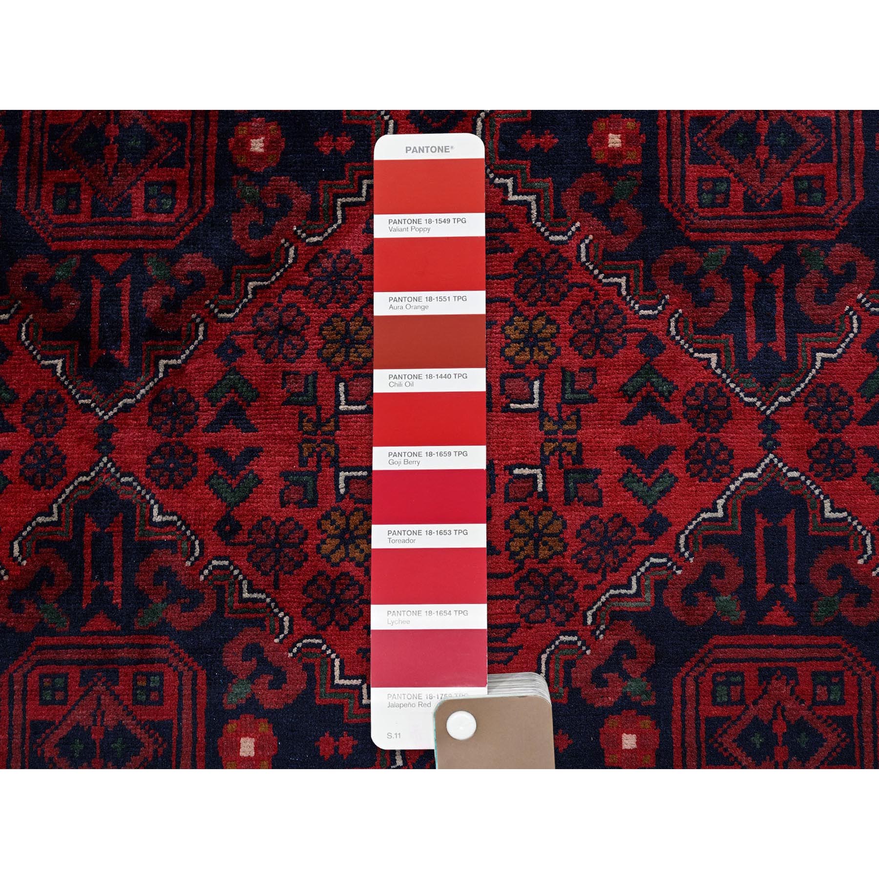 9'10"x12'10" Chili Red, Afghan Khamyab with Geometric Pattern, Hand Knotted, Soft and Velvety Wool, Vegetable Dyes, Oriental Rug Sh767