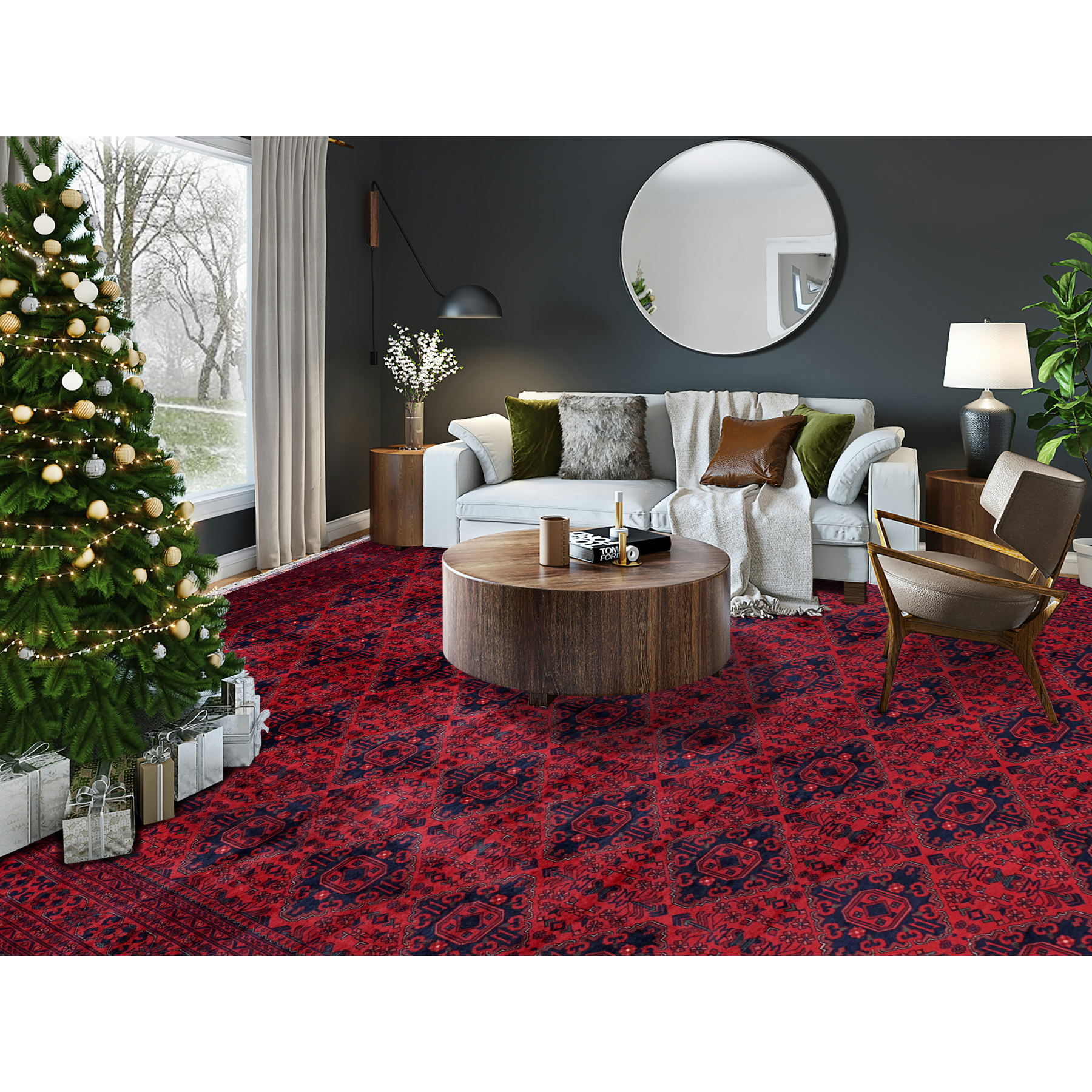 9'10"x13'2" Chili Red, Afghan Khamyab with Geometric Design, Soft and Shiny Wool, Hand Knotted, Vegetable Dyes, Oriental Rug Sh768