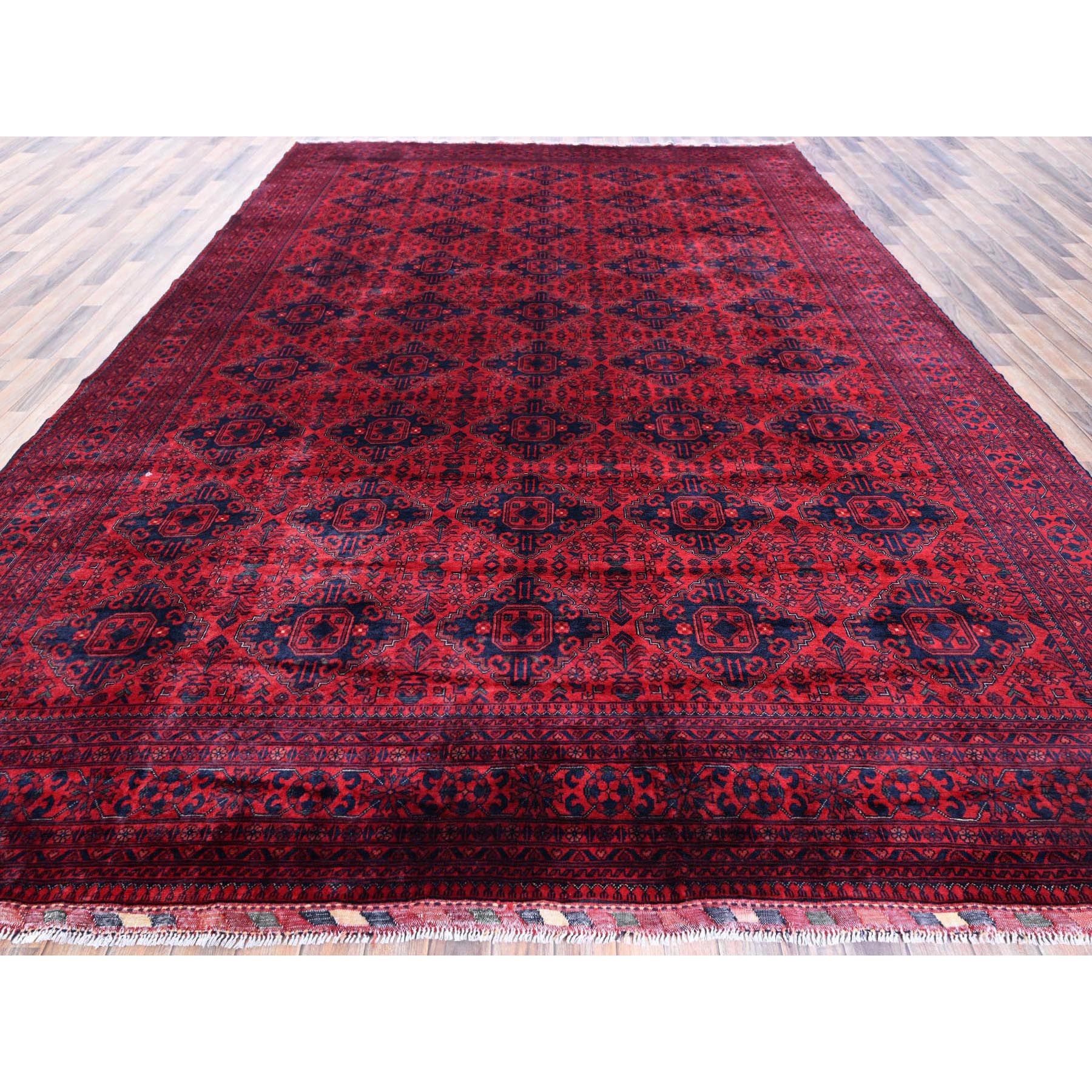 9'10"x13'2" Chili Red, Afghan Khamyab with Geometric Design, Soft and Shiny Wool, Hand Knotted, Vegetable Dyes, Oriental Rug Sh768
