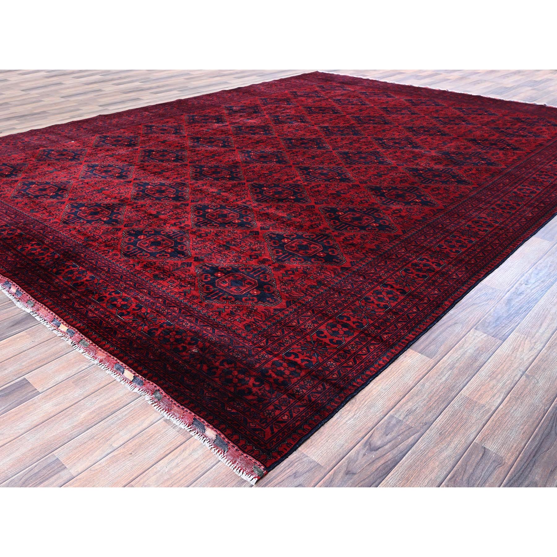 9'10"x13'2" Chili Red, Afghan Khamyab with Geometric Design, Soft and Shiny Wool, Hand Knotted, Vegetable Dyes, Oriental Rug Sh768