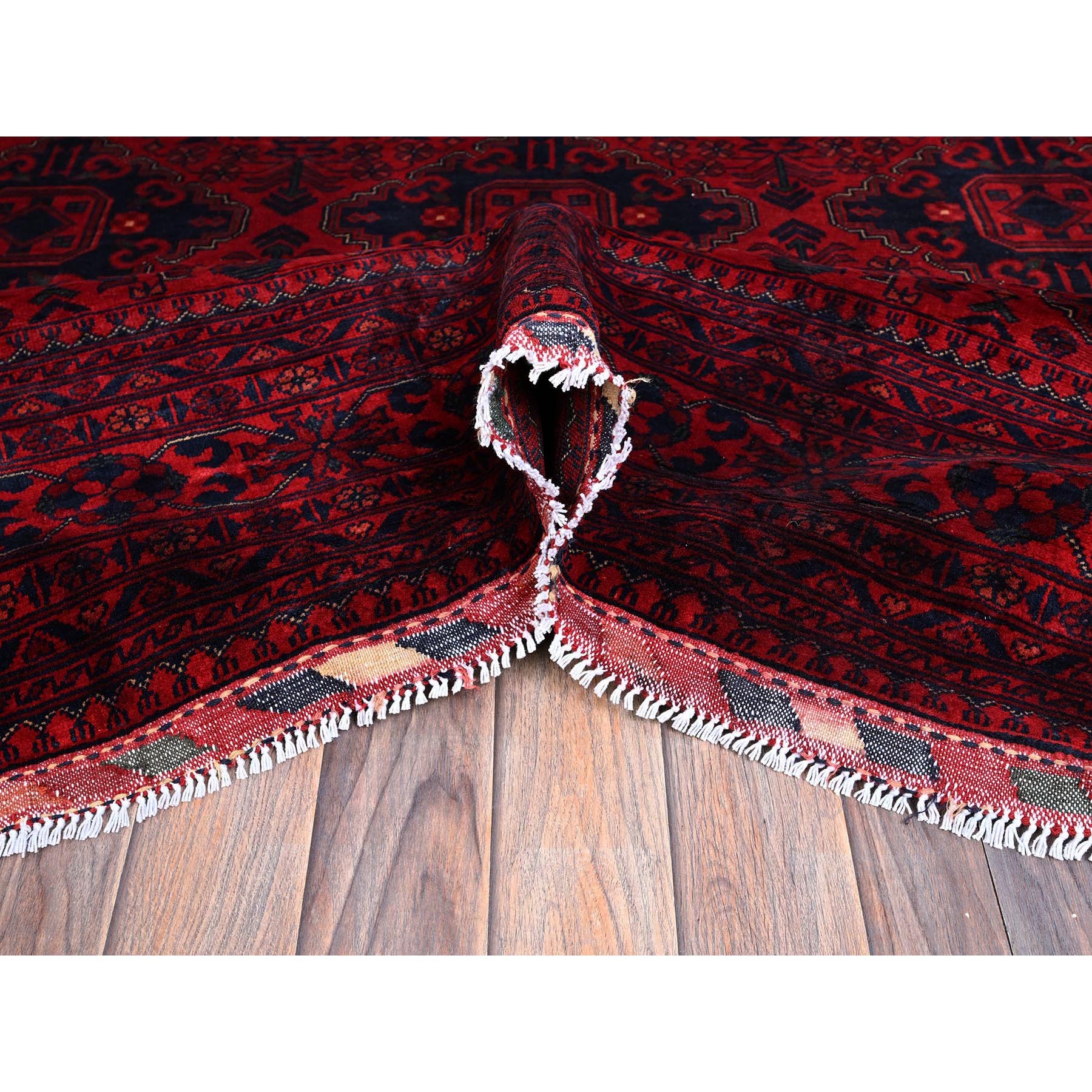 9'10"x13'2" Chili Red, Afghan Khamyab with Geometric Design, Soft and Shiny Wool, Hand Knotted, Vegetable Dyes, Oriental Rug Sh768
