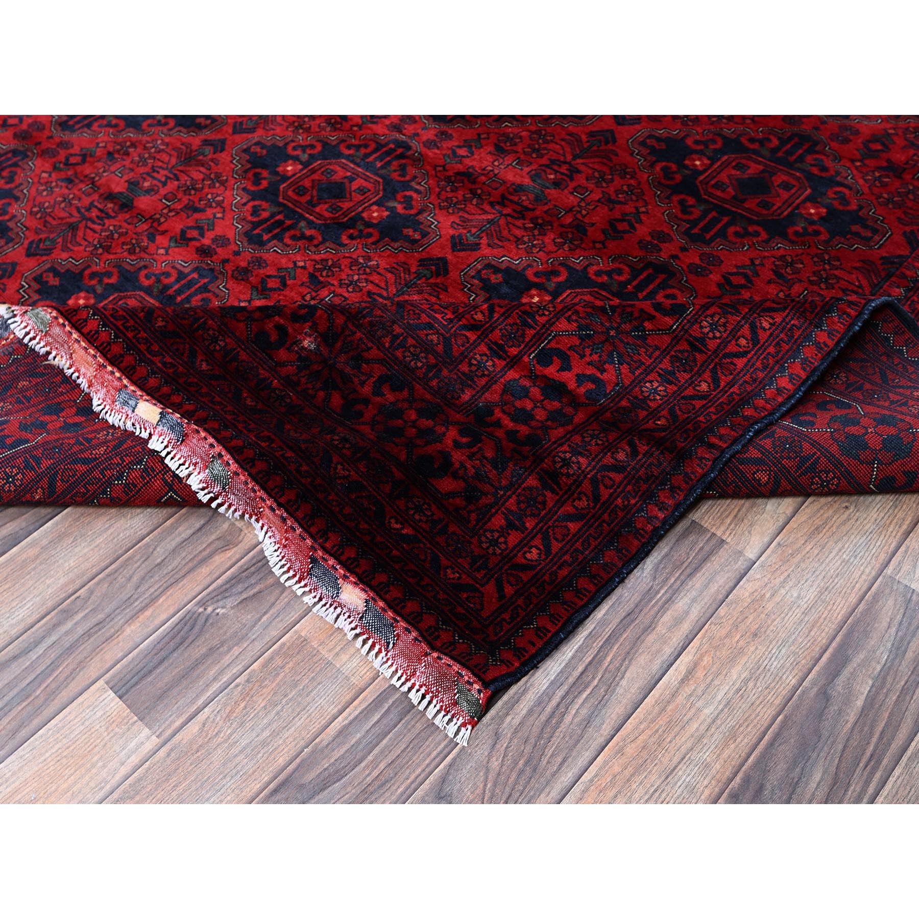 9'10"x13'2" Chili Red, Afghan Khamyab with Geometric Design, Soft and Shiny Wool, Hand Knotted, Vegetable Dyes, Oriental Rug Sh768
