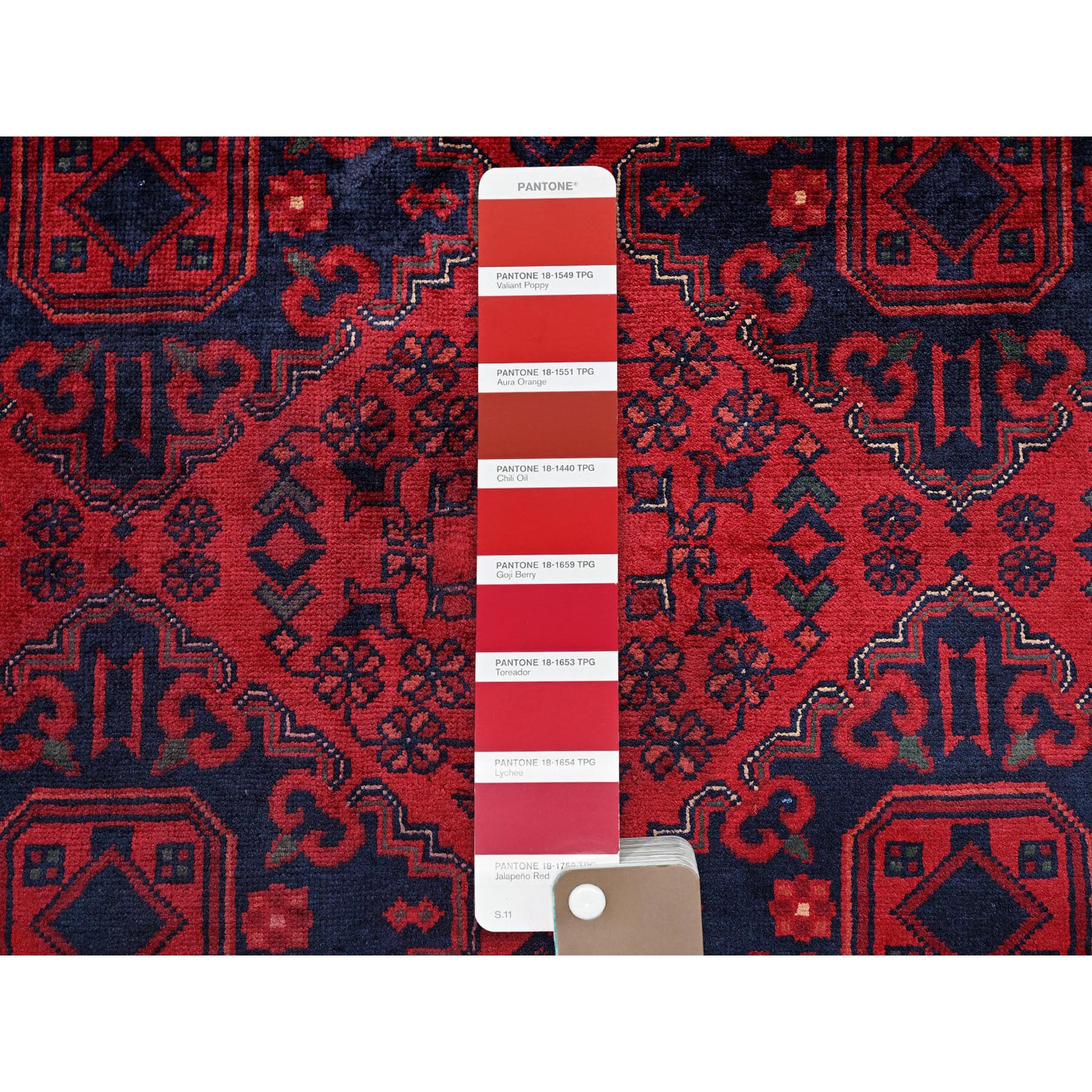 9'10"x13'2" Chili Red, Afghan Khamyab with Geometric Design, Soft and Shiny Wool, Hand Knotted, Vegetable Dyes, Oriental Rug Sh768