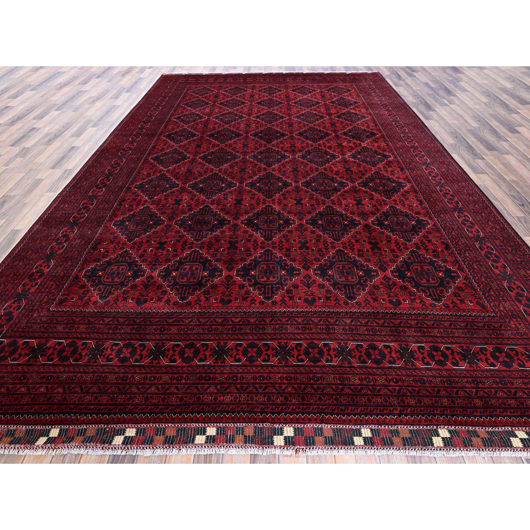 9'9"x13'10" Carmine Red, Afghan Khamyab with Geometric Design, Soft and Velvety Wool, Hand Knotted, Natural Dyes, Oriental Rug Sh772