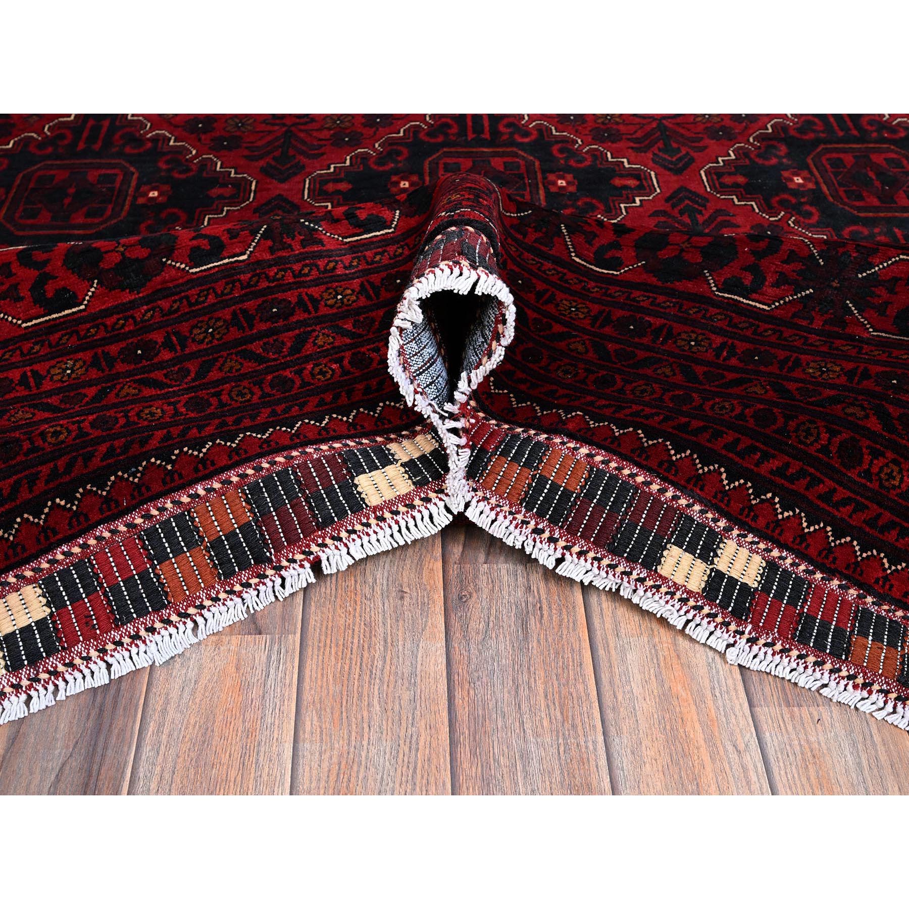 9'9"x13'10" Carmine Red, Afghan Khamyab with Geometric Design, Soft and Velvety Wool, Hand Knotted, Natural Dyes, Oriental Rug Sh772