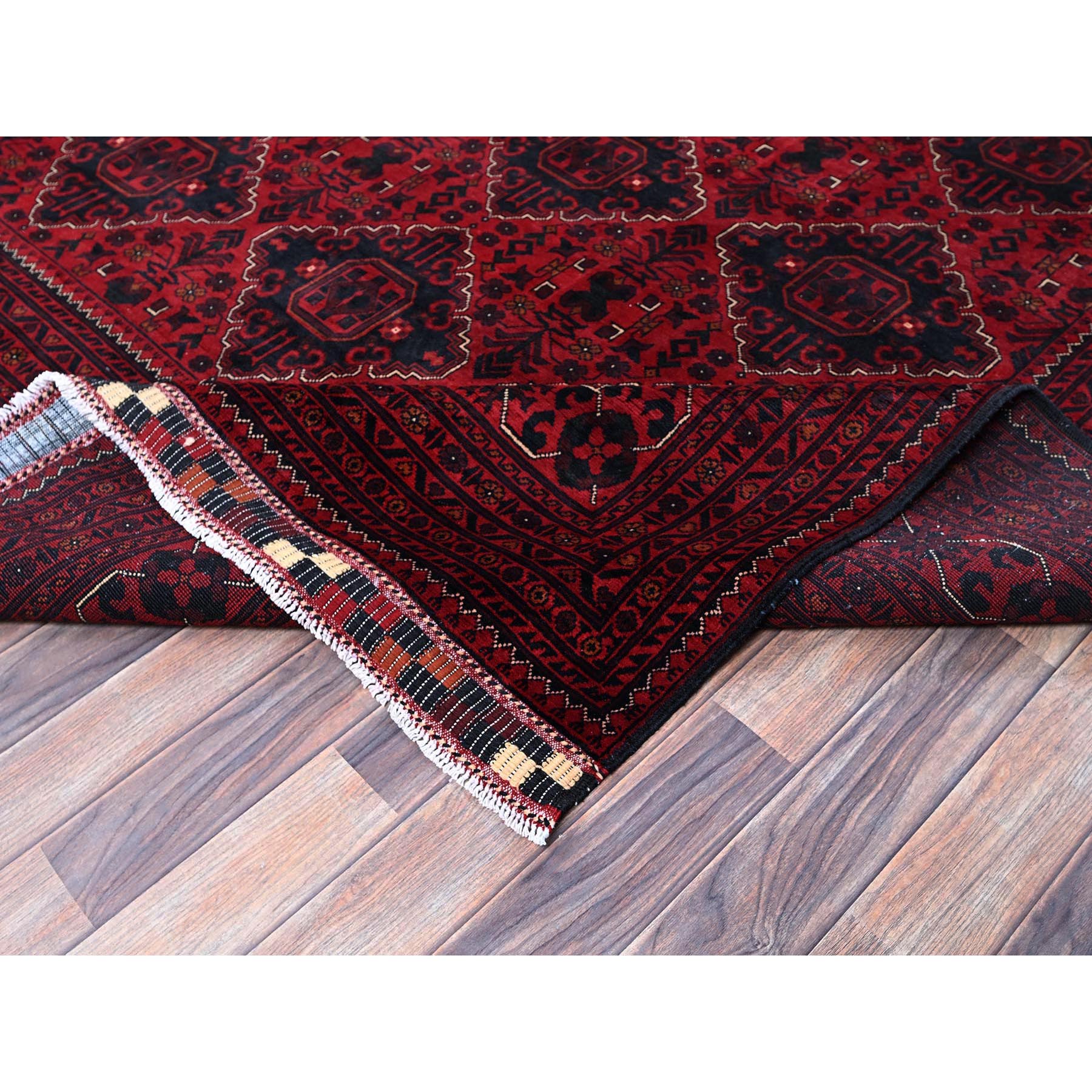 9'9"x13'10" Carmine Red, Afghan Khamyab with Geometric Design, Soft and Velvety Wool, Hand Knotted, Natural Dyes, Oriental Rug Sh772