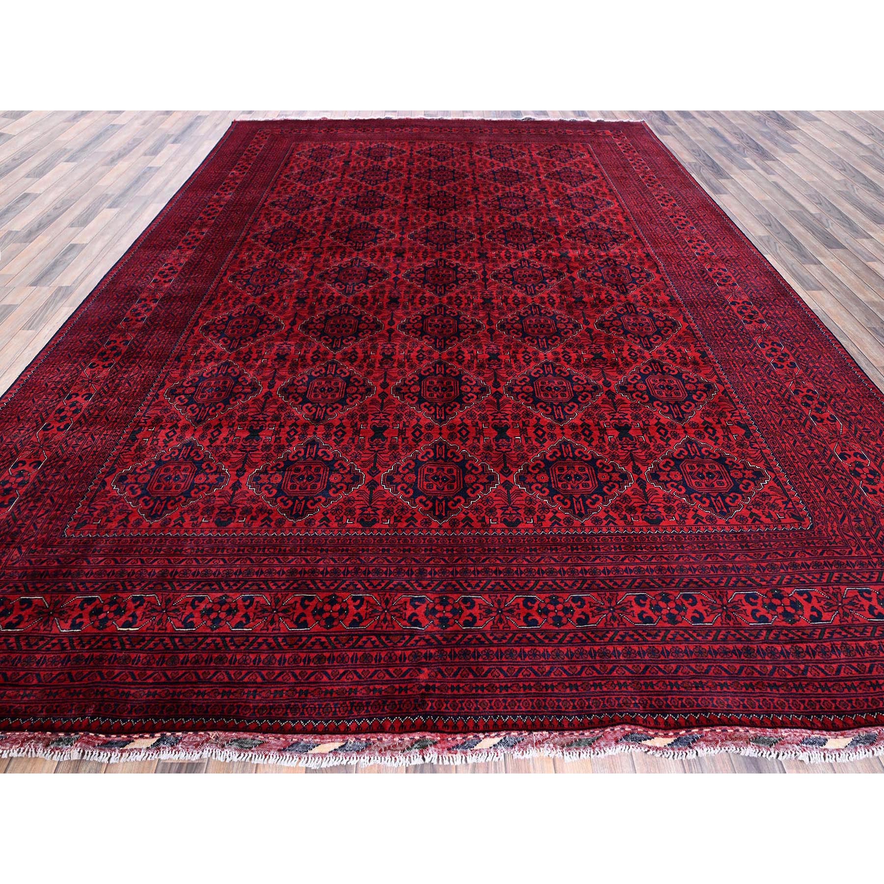 9'8"x12'9" Berry Red, Afghan Khamyab with Geometric Pattern, Hand Knotted, Soft and Velvety Wool, Vegetable Dyes, Oriental Rug Sh773