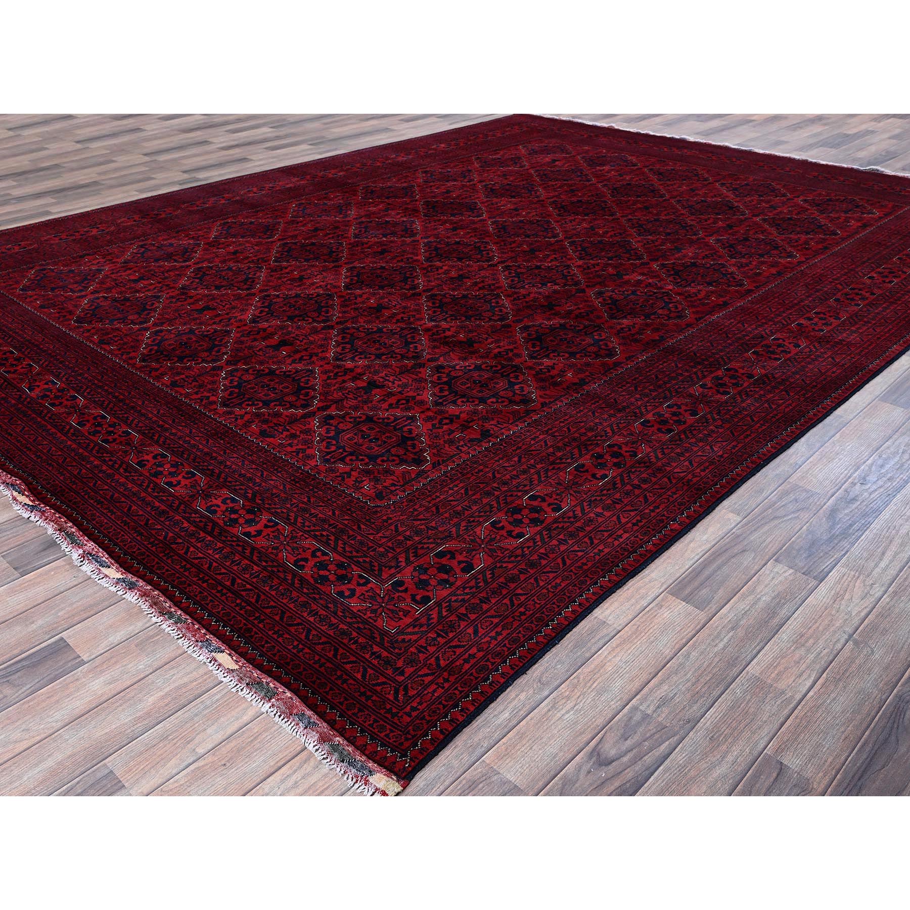 9'8"x12'9" Berry Red, Afghan Khamyab with Geometric Pattern, Hand Knotted, Soft and Velvety Wool, Vegetable Dyes, Oriental Rug Sh773