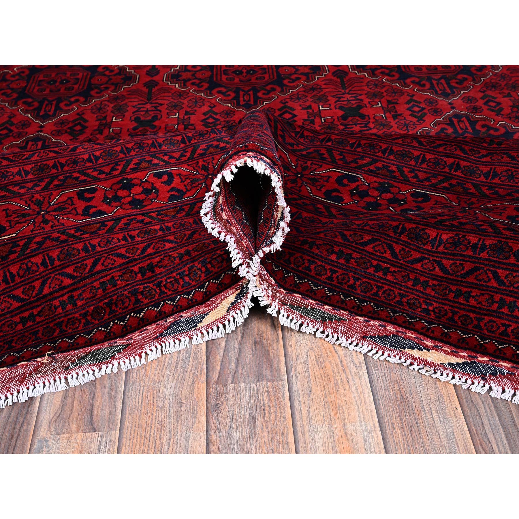 9'8"x12'9" Berry Red, Afghan Khamyab with Geometric Pattern, Hand Knotted, Soft and Velvety Wool, Vegetable Dyes, Oriental Rug Sh773