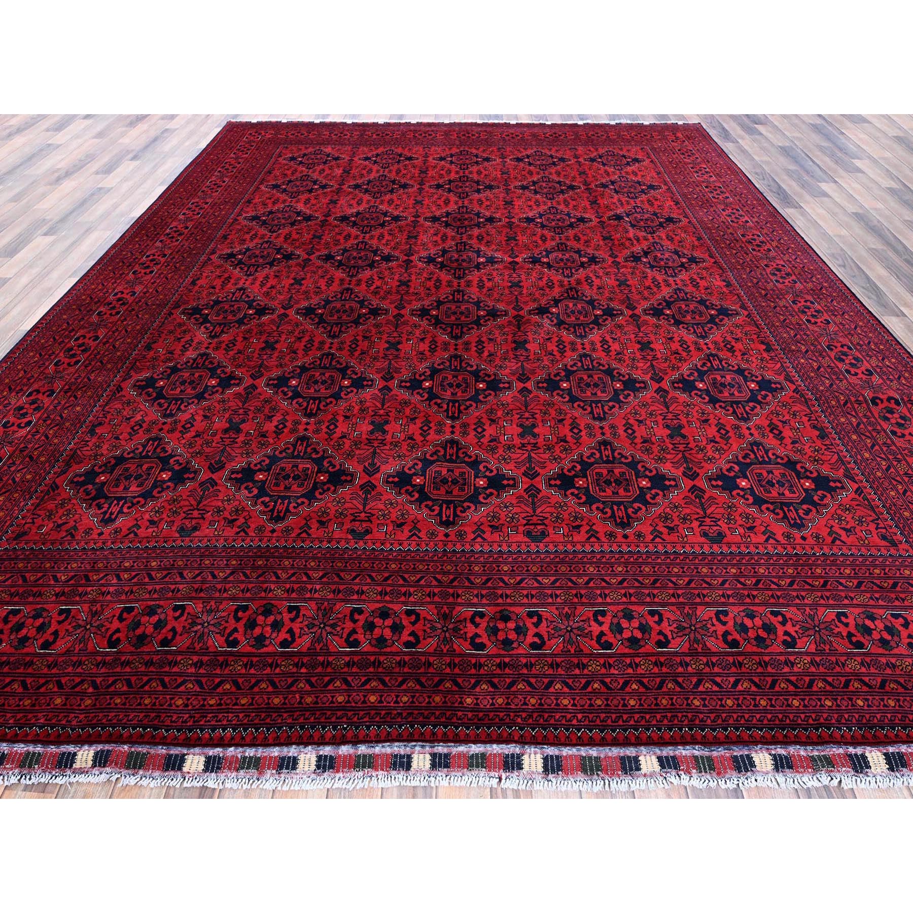 9'9"x12'8" Crimson Red, Afghan Khamyab with Geometric Pattern, Hand Knotted, Soft and Velvety Wool, Vegetable Dyes, Oriental Rug Sh774