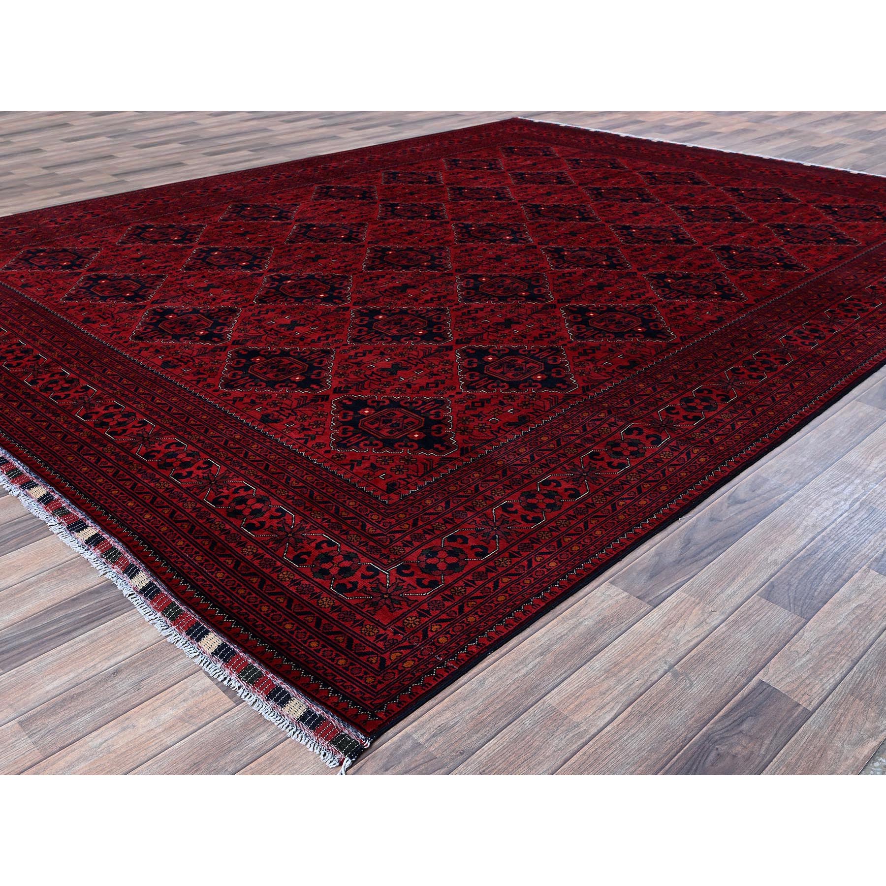 9'9"x12'8" Crimson Red, Afghan Khamyab with Geometric Pattern, Hand Knotted, Soft and Velvety Wool, Vegetable Dyes, Oriental Rug Sh774