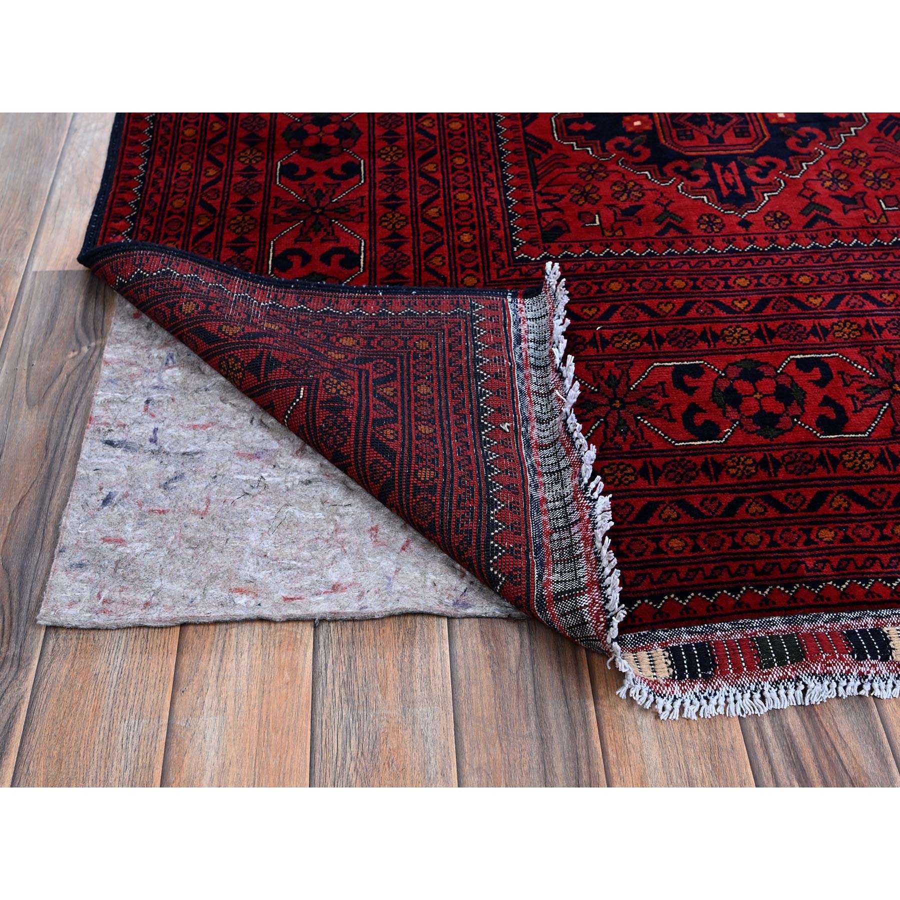 9'9"x12'8" Crimson Red, Afghan Khamyab with Geometric Pattern, Hand Knotted, Soft and Velvety Wool, Vegetable Dyes, Oriental Rug Sh774