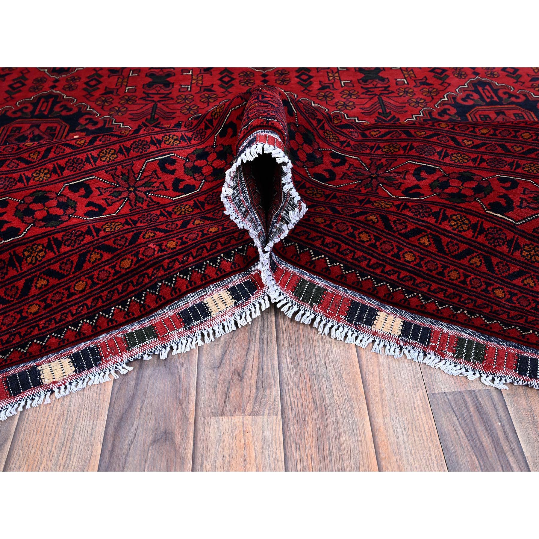 9'9"x12'8" Crimson Red, Afghan Khamyab with Geometric Pattern, Hand Knotted, Soft and Velvety Wool, Vegetable Dyes, Oriental Rug Sh774