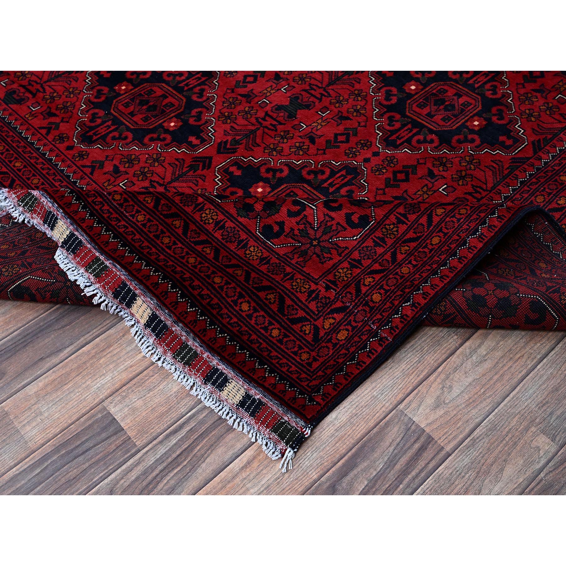 9'9"x12'8" Crimson Red, Afghan Khamyab with Geometric Pattern, Hand Knotted, Soft and Velvety Wool, Vegetable Dyes, Oriental Rug Sh774