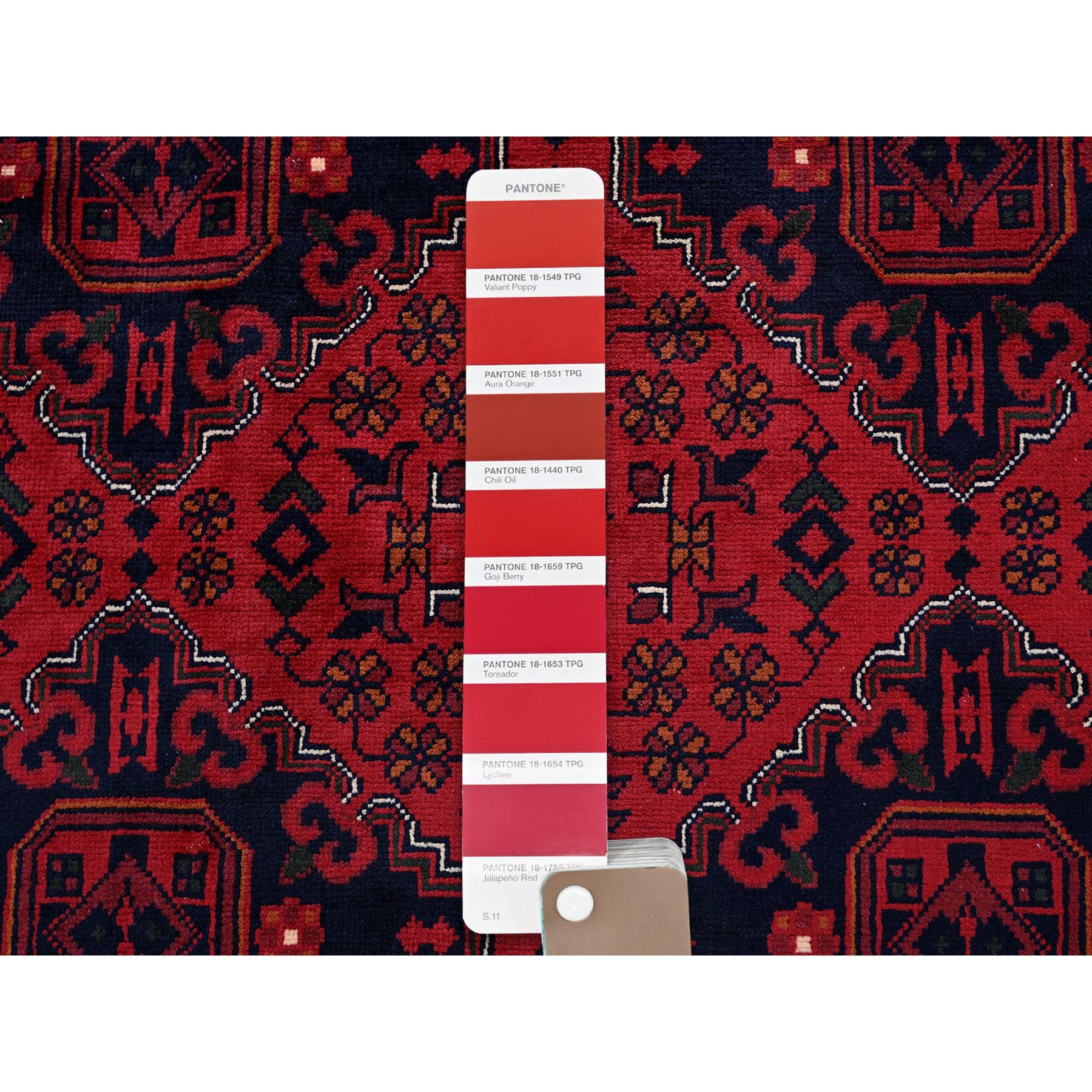 9'9"x12'8" Crimson Red, Afghan Khamyab with Geometric Pattern, Hand Knotted, Soft and Velvety Wool, Vegetable Dyes, Oriental Rug Sh774
