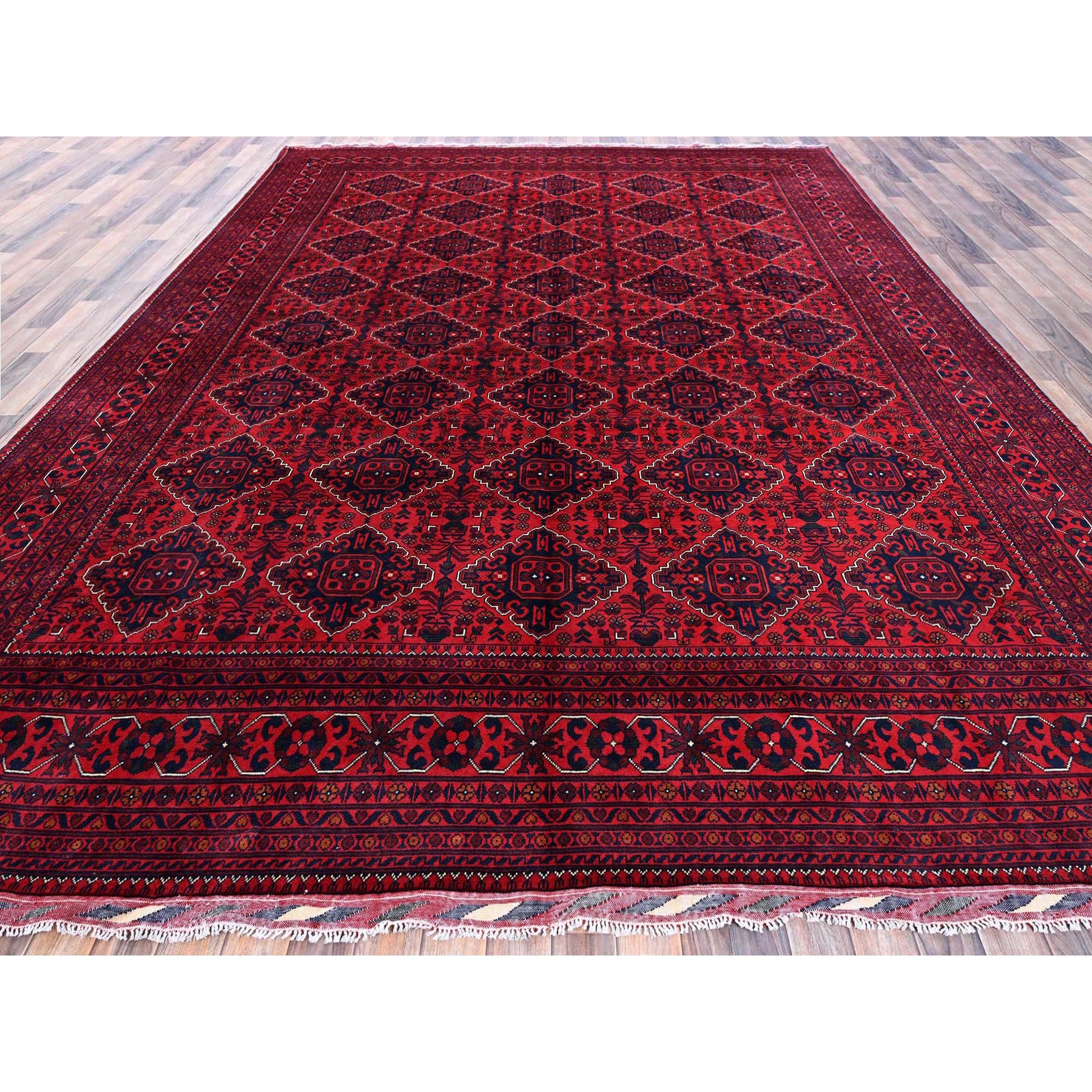 9'9"x13'1" Scarlet Red, Afghan Khamyab with Geometric Design, Soft and Shiny Wool, Hand Knotted, Vegetable Dyes, Oriental Rug Sh775