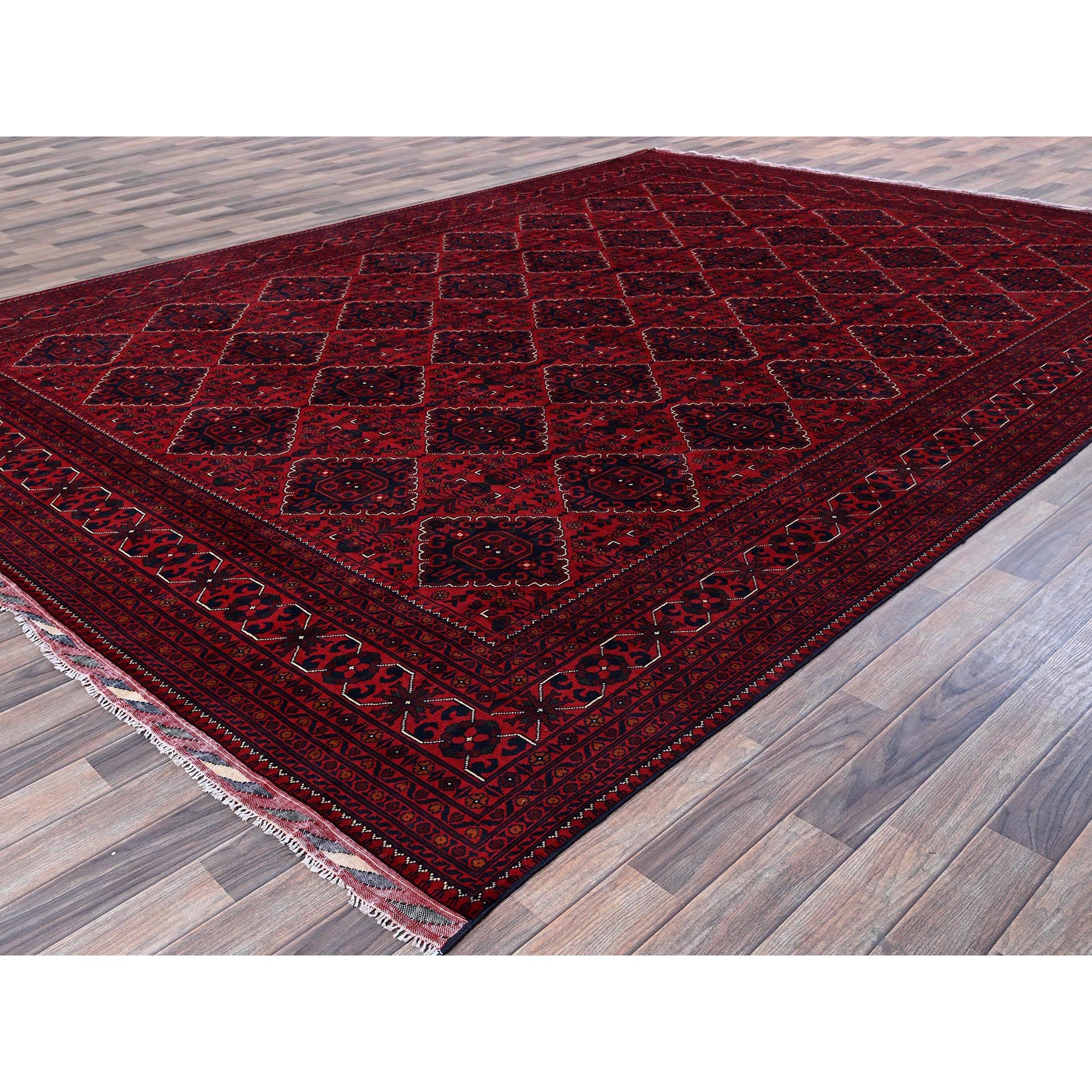 9'9"x13'1" Scarlet Red, Afghan Khamyab with Geometric Design, Soft and Shiny Wool, Hand Knotted, Vegetable Dyes, Oriental Rug Sh775