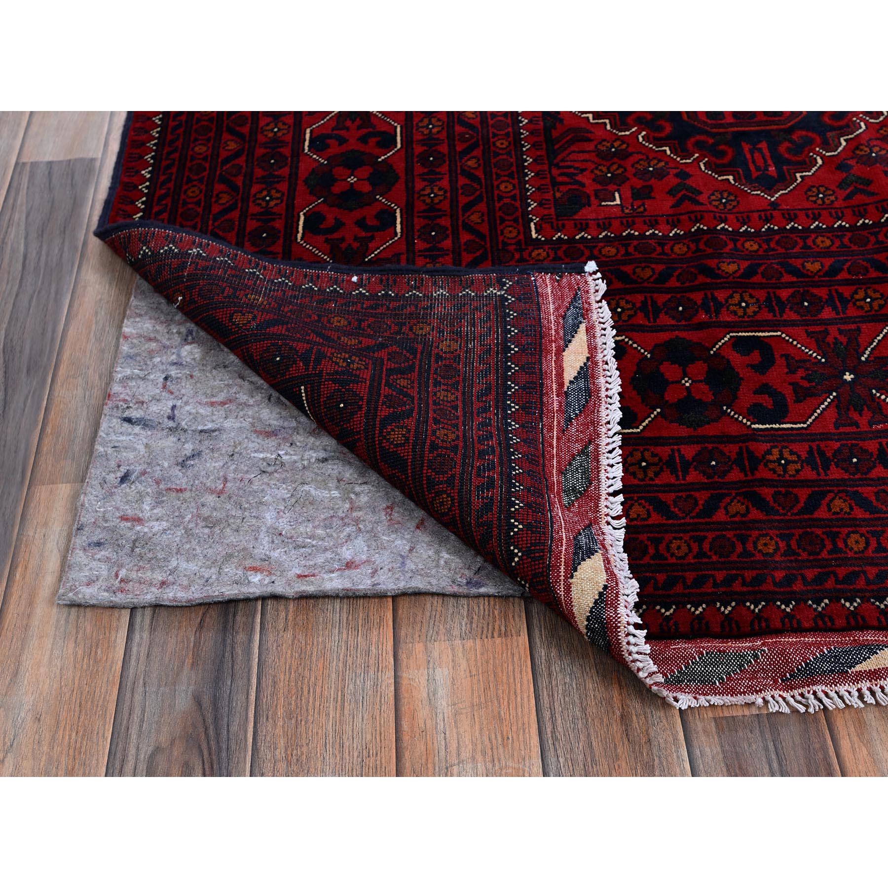 9'9"x13'1" Scarlet Red, Afghan Khamyab with Geometric Design, Soft and Shiny Wool, Hand Knotted, Vegetable Dyes, Oriental Rug Sh775