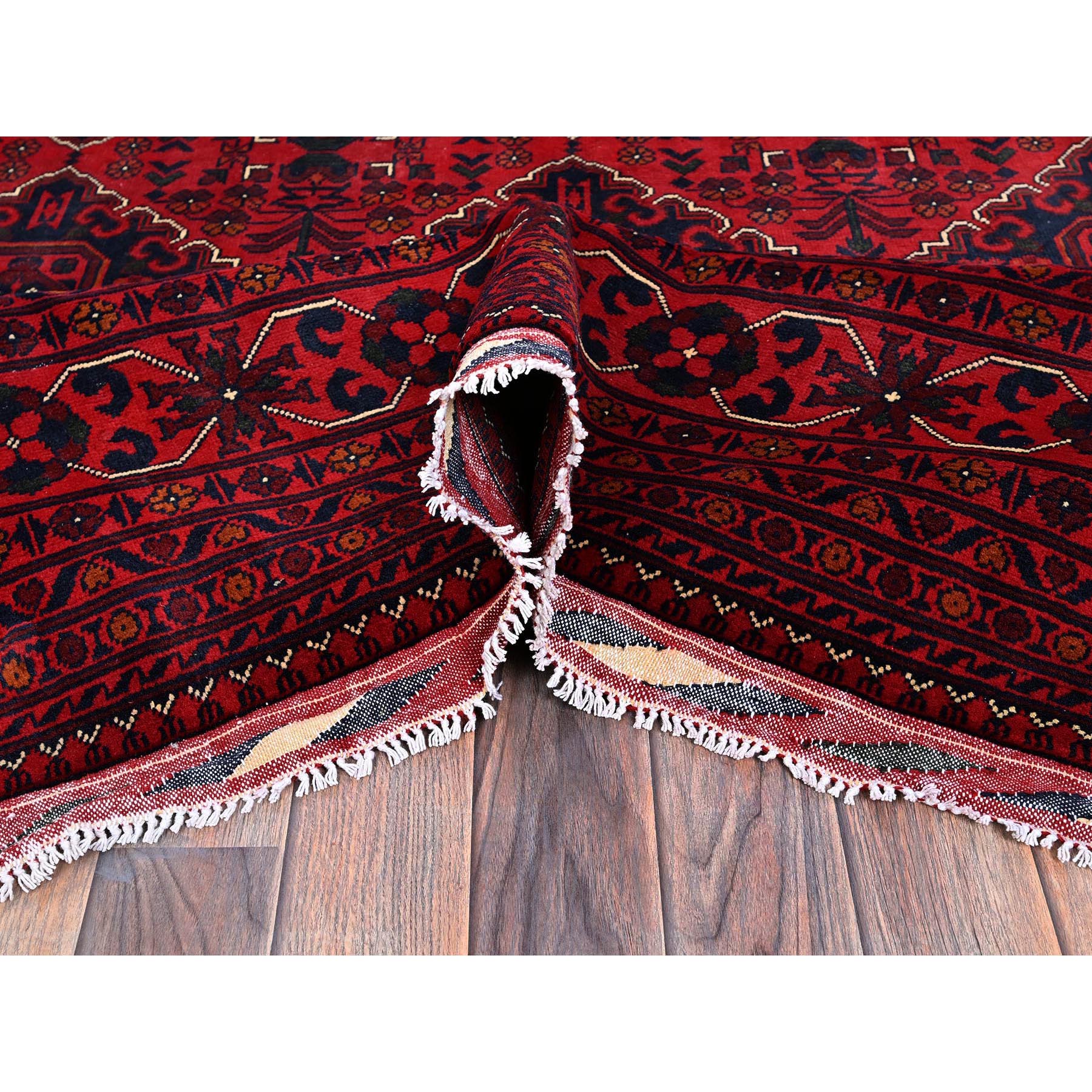 9'9"x13'1" Scarlet Red, Afghan Khamyab with Geometric Design, Soft and Shiny Wool, Hand Knotted, Vegetable Dyes, Oriental Rug Sh775