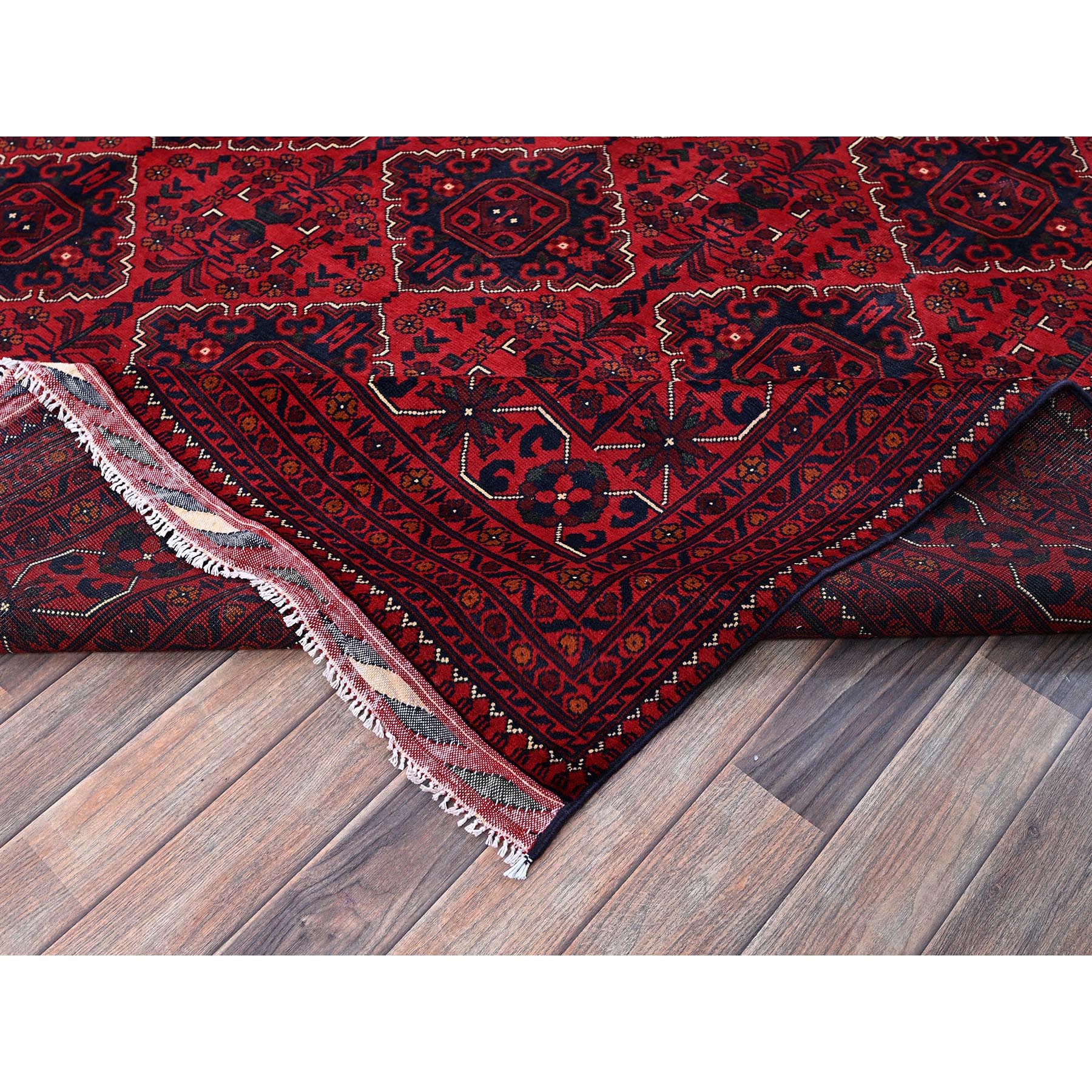 9'9"x13'1" Scarlet Red, Afghan Khamyab with Geometric Design, Soft and Shiny Wool, Hand Knotted, Vegetable Dyes, Oriental Rug Sh775